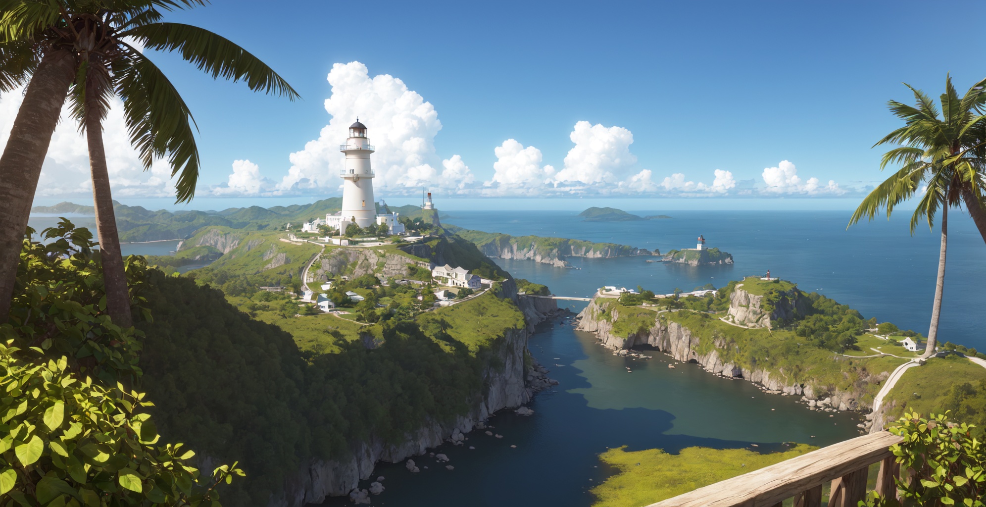 Islands, lighthouses, pirate ships, coconut trees, waves, islands, reefs, grasses, fruits, rainforests，Large perspective, elevated view,(Wide Angle:1.3，masterpiece,best quality.Amazing,atmosphere,epic,3d,8k，depth of field,.