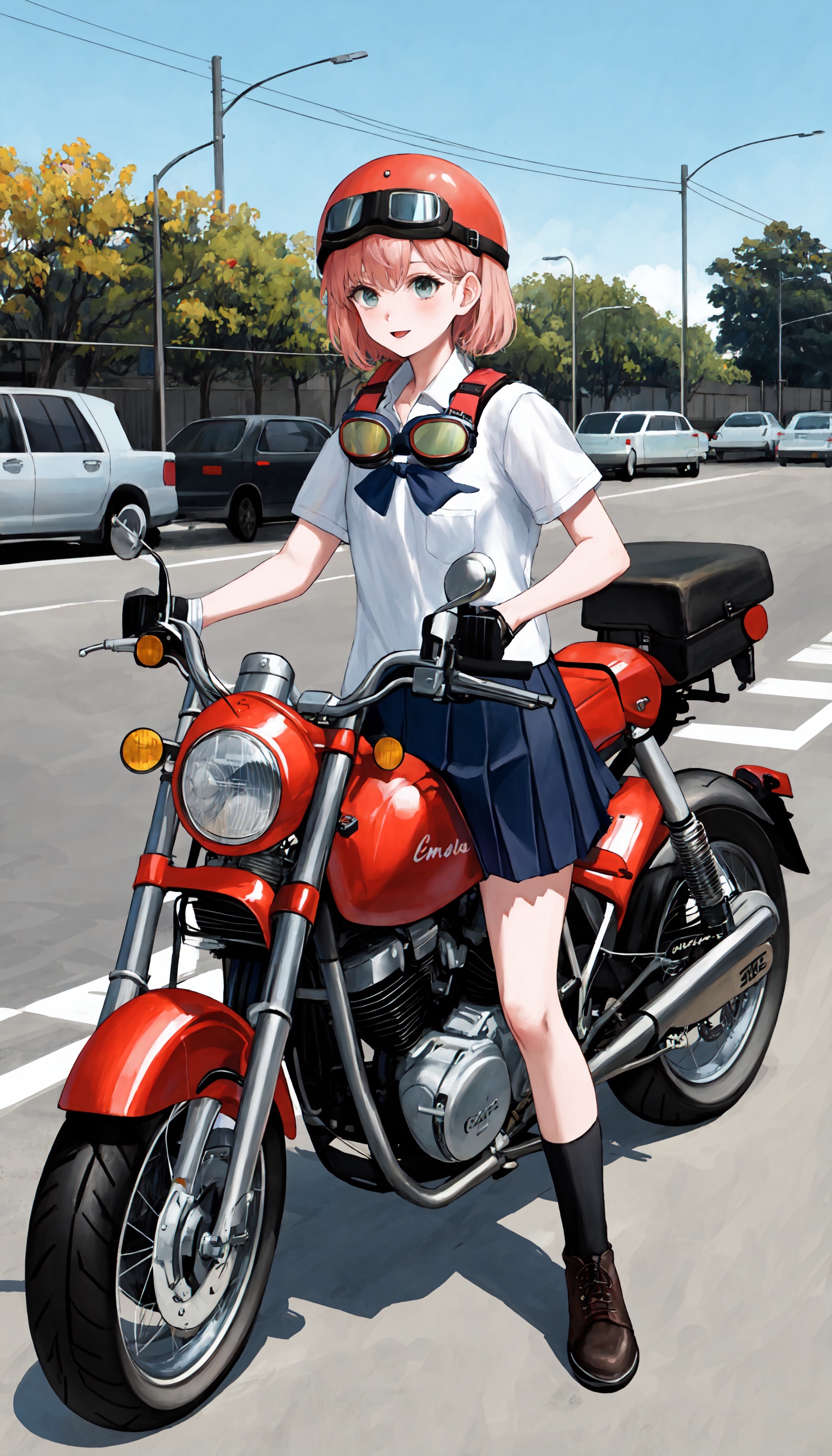 1girl, goggles around neck, solo, ground vehicle, outdoors, goggles, skirt, motorcycle, motor vehicle, pleated skirt, helmet, school uniform, shirt, white shirt, short sleeves, boots, socks