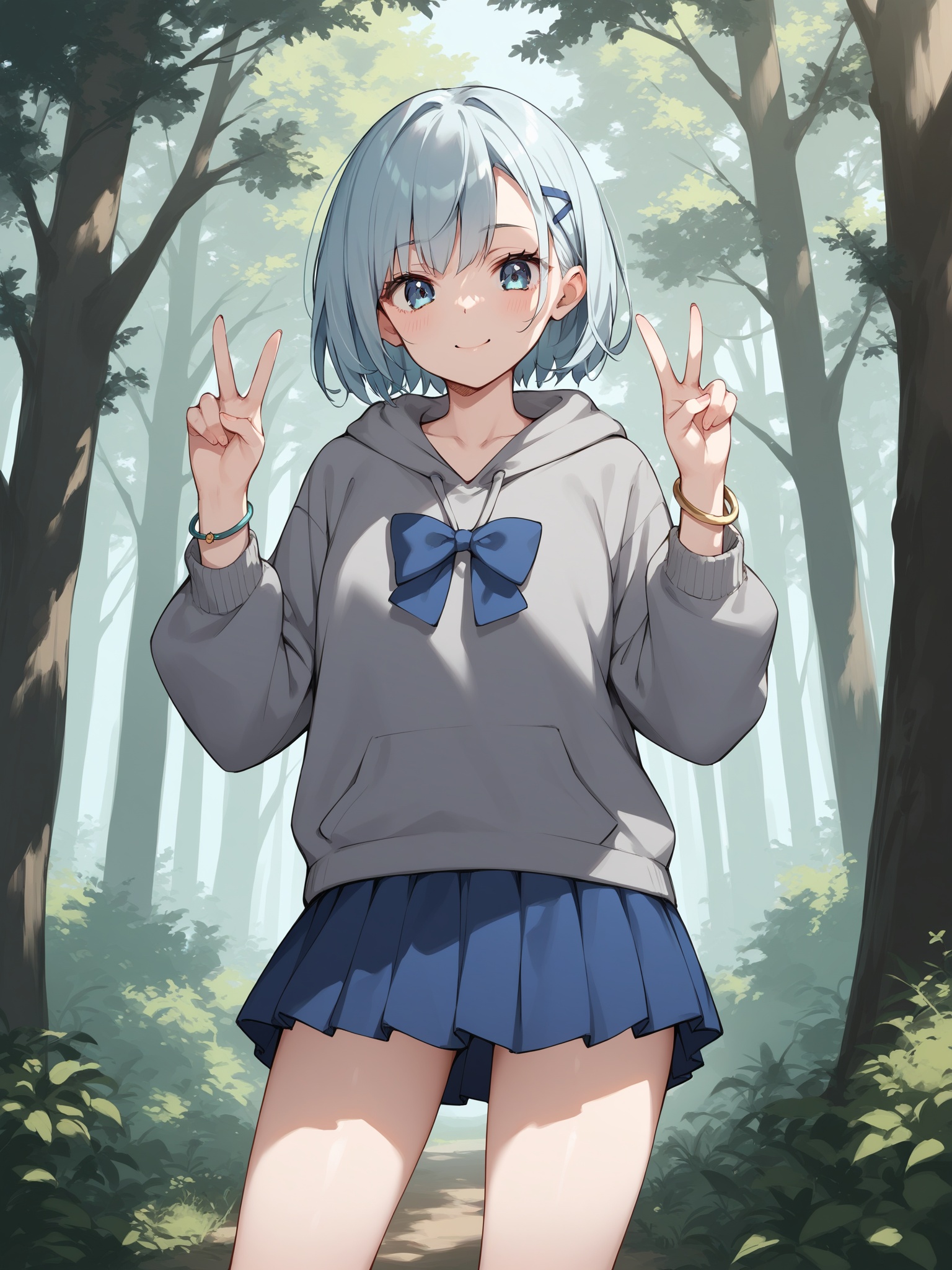 (score_9, score_8_up, score_7_up) BREAK source_anime,1girl,solo,yorigami shion,blue bow,grey hoodie,blue skirt,bracelet,bare legs,double v,looking at viewer,standing,cowboy shot,outdoors,forest,
