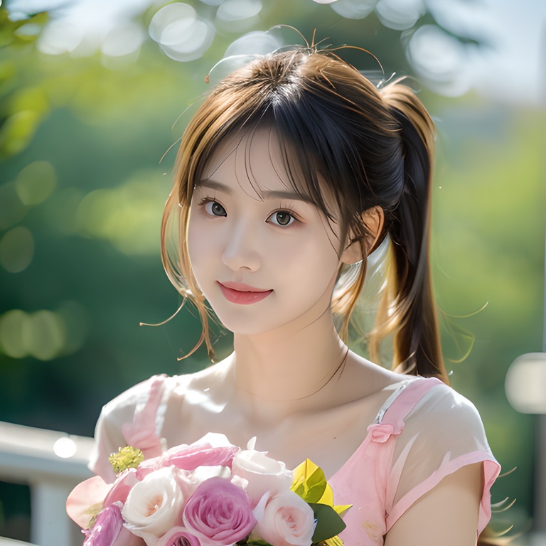 1girl,moyou,double ponytail,twintails,heart hair ornament,Ultra-realistic 8k CG,masterpiece,best quality,(photorealistic:1.4),HDR,absurdres,Professional,RAW photo,lens flare,(film grain:1.1),Bokeh,((Depth of field)),studio light,a woman in a pink dress holding a bouquet of flowers in front of a mirror and a pink background,1girl,blonde_hair,bouquet,flower,lips,long_hair,looking_at_viewer,pink_dress,smile,solo,Highly detailed,Professional,extreme detail description; <lora:20231116-1700127800900:0.8>
