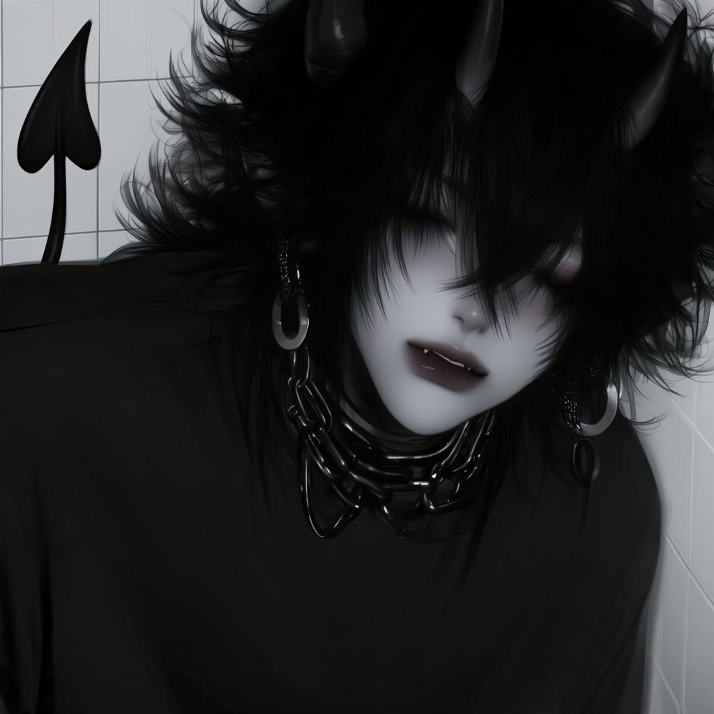 This is a digital artwork depicting a gothic,  demon-like character in a dark,  moody style. The male is a pale-skinned on...