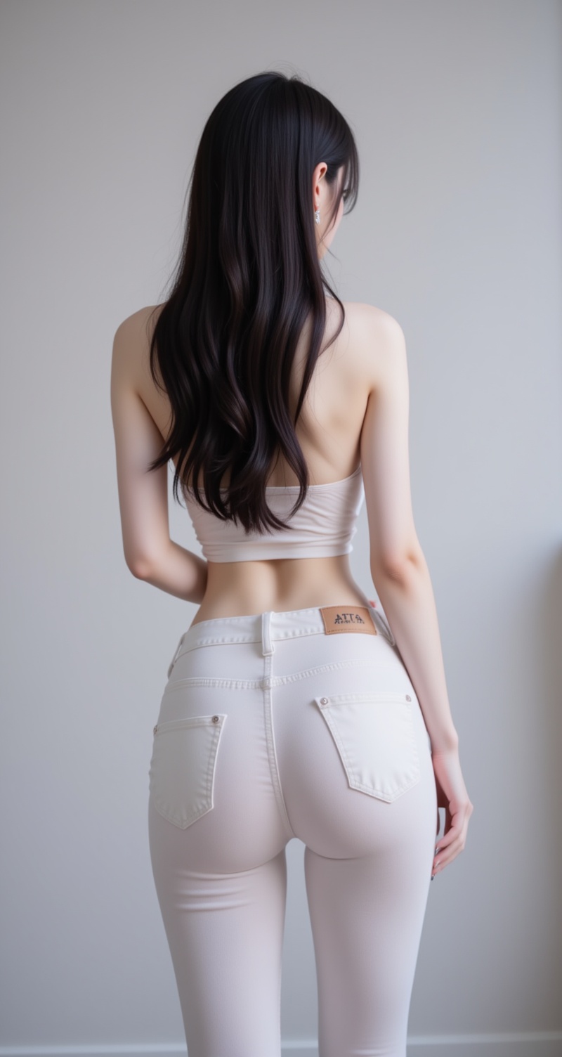 <lora:背影杀4:1>,beiyingsha,1girl,long hair,ass,black hair,solo,from behind,pants,photo background,standing,bare shoulders,indoors,full body,7,cover,simple background,gradient background,close-up details,outstanding style,adding a touch of dimension to your images without compromising details,close-up,<lora:DJ滤镜_2.5D版:0.3>,lvjing,