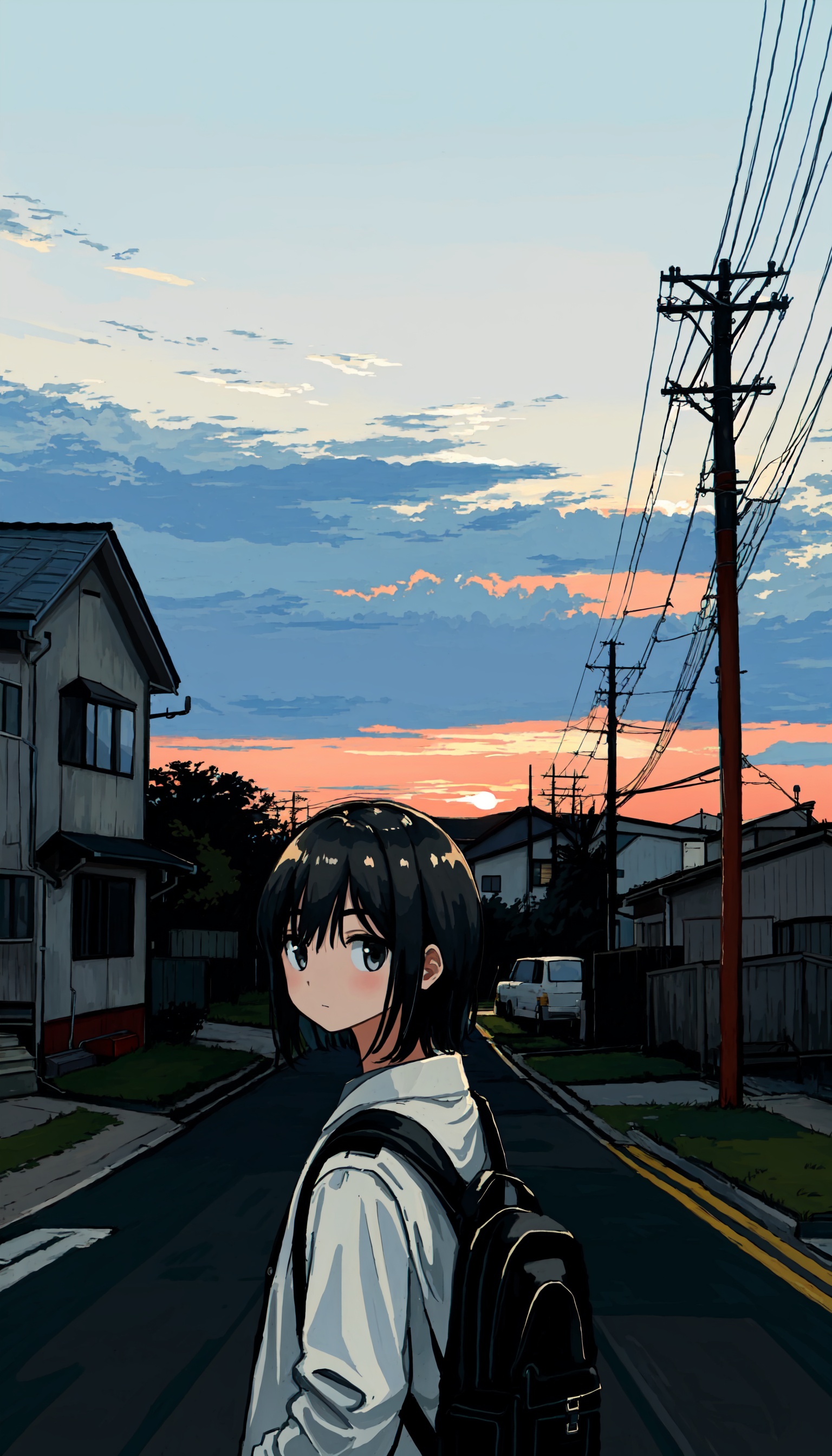 1girl, power lines, solo, cloud, sky, outdoors, black hair, backpack, cloudy sky, scenery, bag, utility pole, building, house, black eyes, looking at viewer