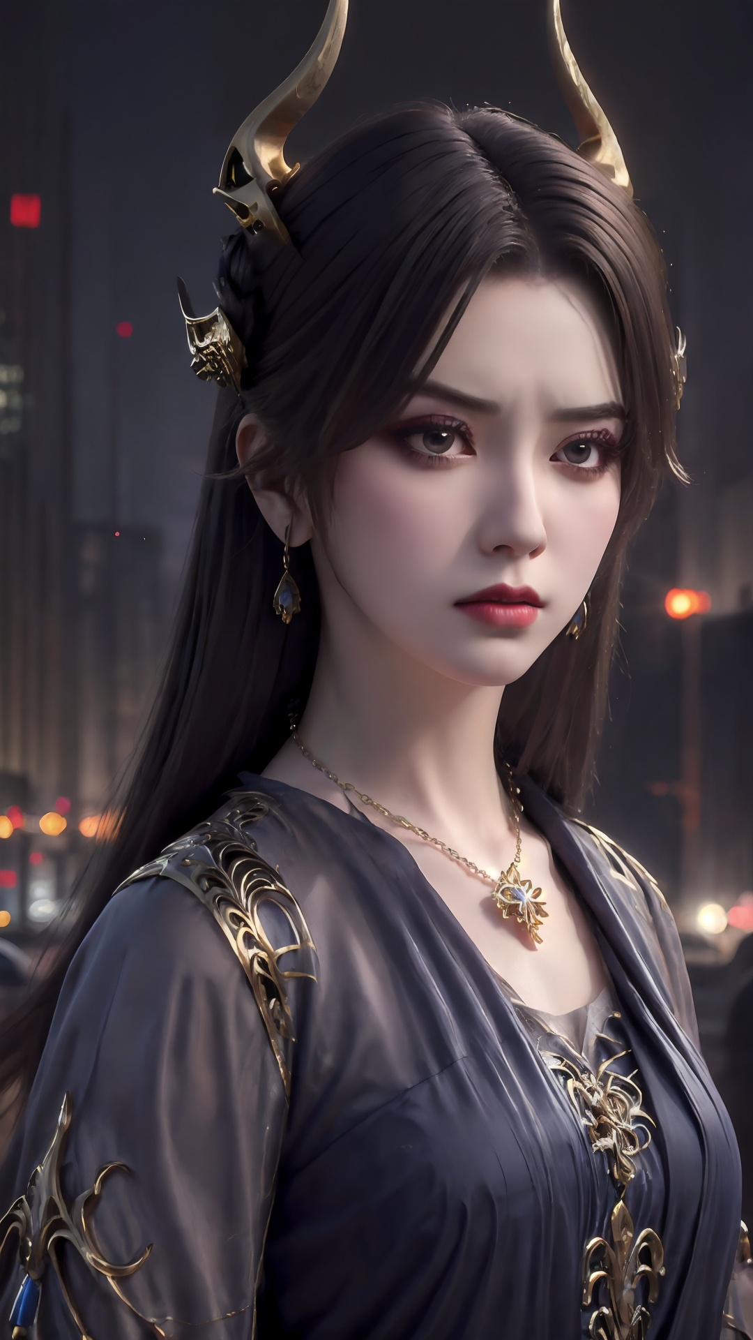The image is a close-up portrait of a young woman with long dark hair and a fierce expression on her face. She is wearing a black and gold outfit with a blue necklace and earrings. Her hair is styled in a dramatic updo with two large,ornate horns on either side of her head. The horns are gold and appear to be made of metal. The background is blurred,but it appears to be a cityscape with buildings and lights. The overall mood of the image is dark and mysterious.,<lora:1.5曹颖(2):0.8>,