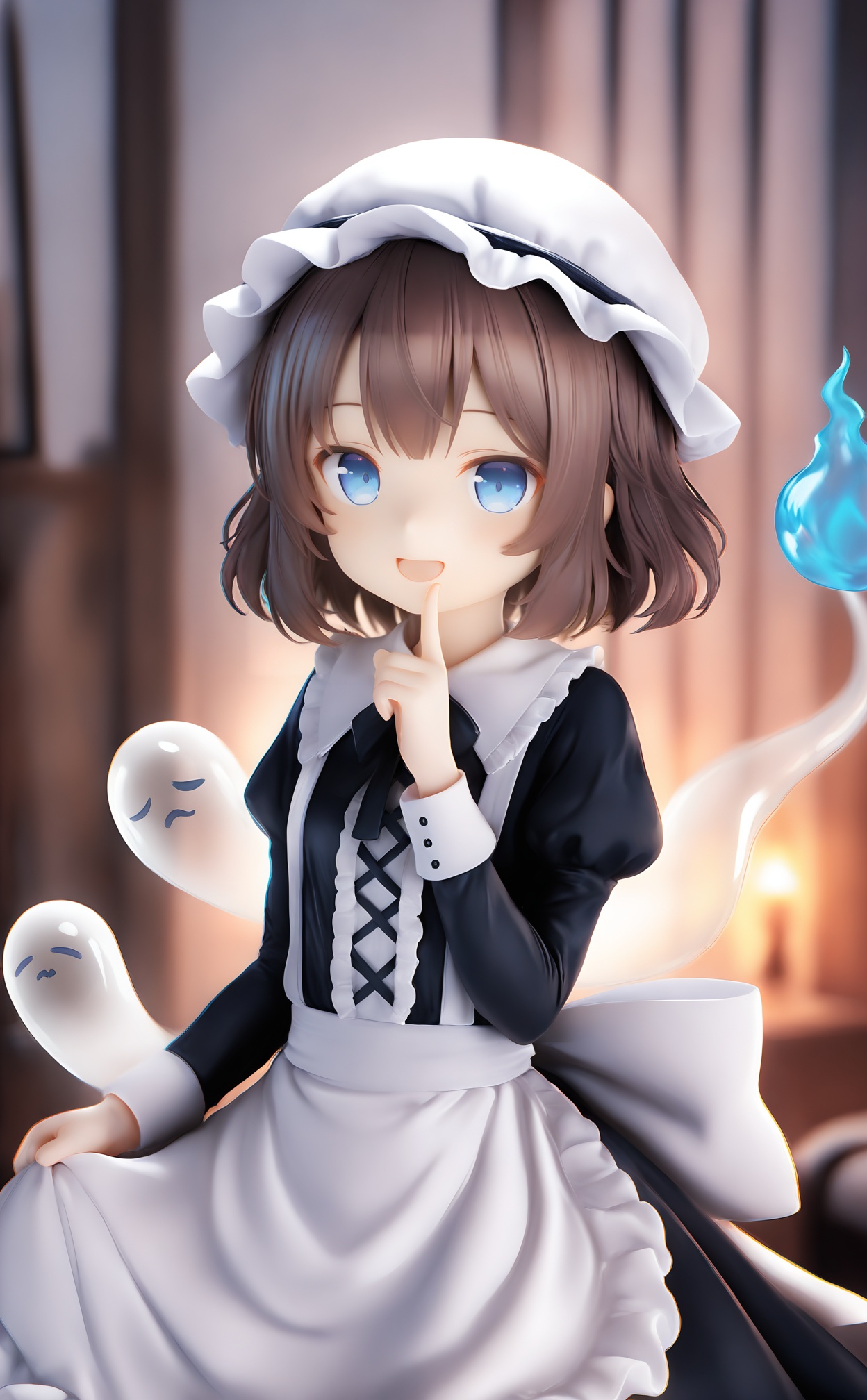 masterpiece,absurdres,best quality,loli,petite,high quality,chromatic_aberration,//,1girl, ghost, hat, apron, dress, mob_cap, solo, finger_to_mouth, brown_hair, long_sleeves, looking_at_viewer, puffy_sleeves, bow, holding, short_hair, smile, juliet_sleeves, blue_eyes, frills, indoors, maid, ribbon, shushing, white_apron, cross-laced_clothes, open_mouth, black_dress, maid_apron, blue_fire //,<lora:PVC7——【noob】hans:1>,