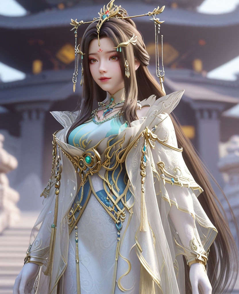 (oriental architecture, elegant decor, sophisticated style:1.1),(Tilting head slightly to one side,:1.1),(macro shot:1.1),(large breasts:1.2),<lora:XL16云深不知梦云望舒少宗主服:0.95>,miss yunwangshu,white gown with tulle skirt,shawl,brown eyes,forehead mark,very long hair,traditional chinese updo with long front strands,hair ornament,jewelry,blue bandeau,white gloves,, score_9,score_8_up,score_7_up,score_6_up,score_5_up,score_4_up,3d rendering,tag1,tag2, Cinematic Lighting,backlighting,