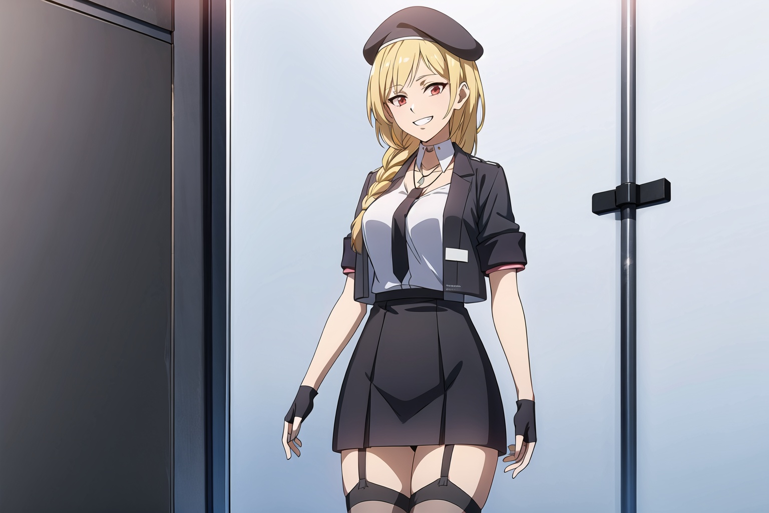 masterpiece,best quality,(indoors),1girl, beret, blonde hair, braid, long hair,single braid,red eyes, solo, necklace, necktie,black jacket,(black tie),black skirt,open clothes,((huge breasts)),short sleeves,black gloves,(smile),grin,looking at viewer,standing,black_thighhighs,garter straps garter belt,<lora:sailika:0.7>, <lora:add_detail:0.5>, 