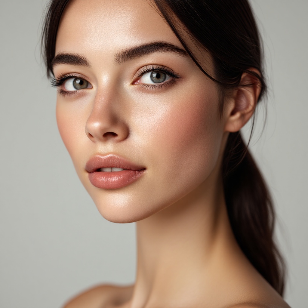 A surreal close-up portrait of a 20-year-old woman looking straight into the camera with a calm and confident expression. Smooth skin,clean skin. The background is neutral and fully focused on her upper body.. ***** in a professional studio using Hasselblad H6D-100c,100mm f/2.2 lens,high-end editing photography,clear details,and soft directional lighting to enhance skin texture.,