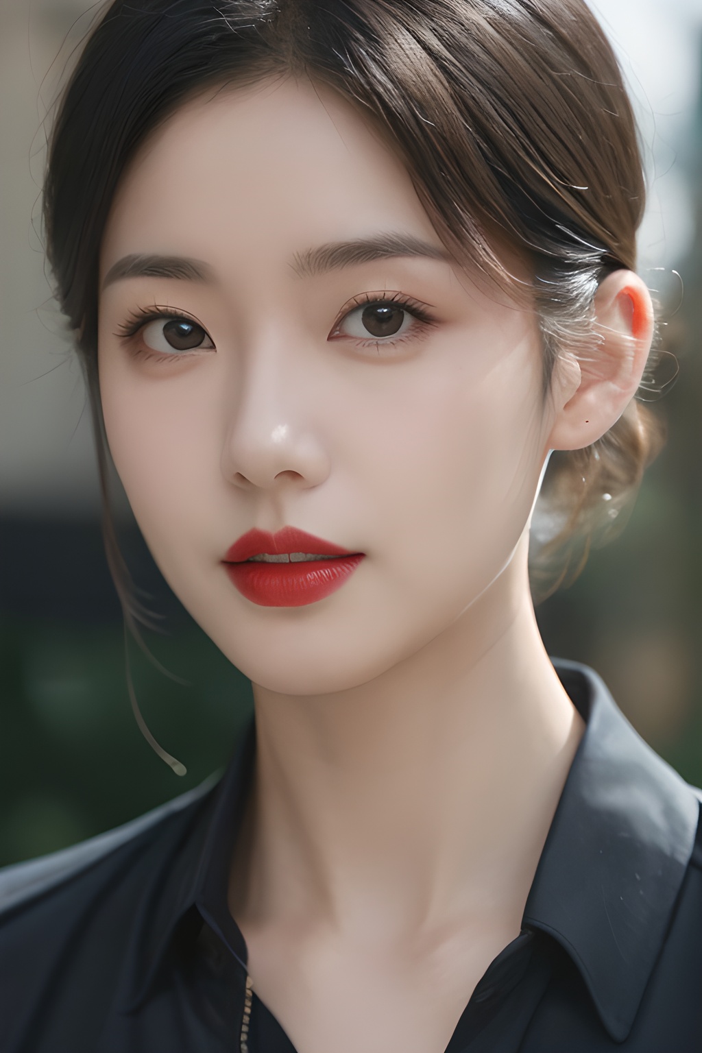 <lora:0805_01:0.7>,mugglelight, there is an asian woman with a red lipstick and a black shirt, solo, male focus, portrait, black hair, black eyes, close-up,, 1girl,realistic,masterpiece, best quality, photorealistic, HDR,detail