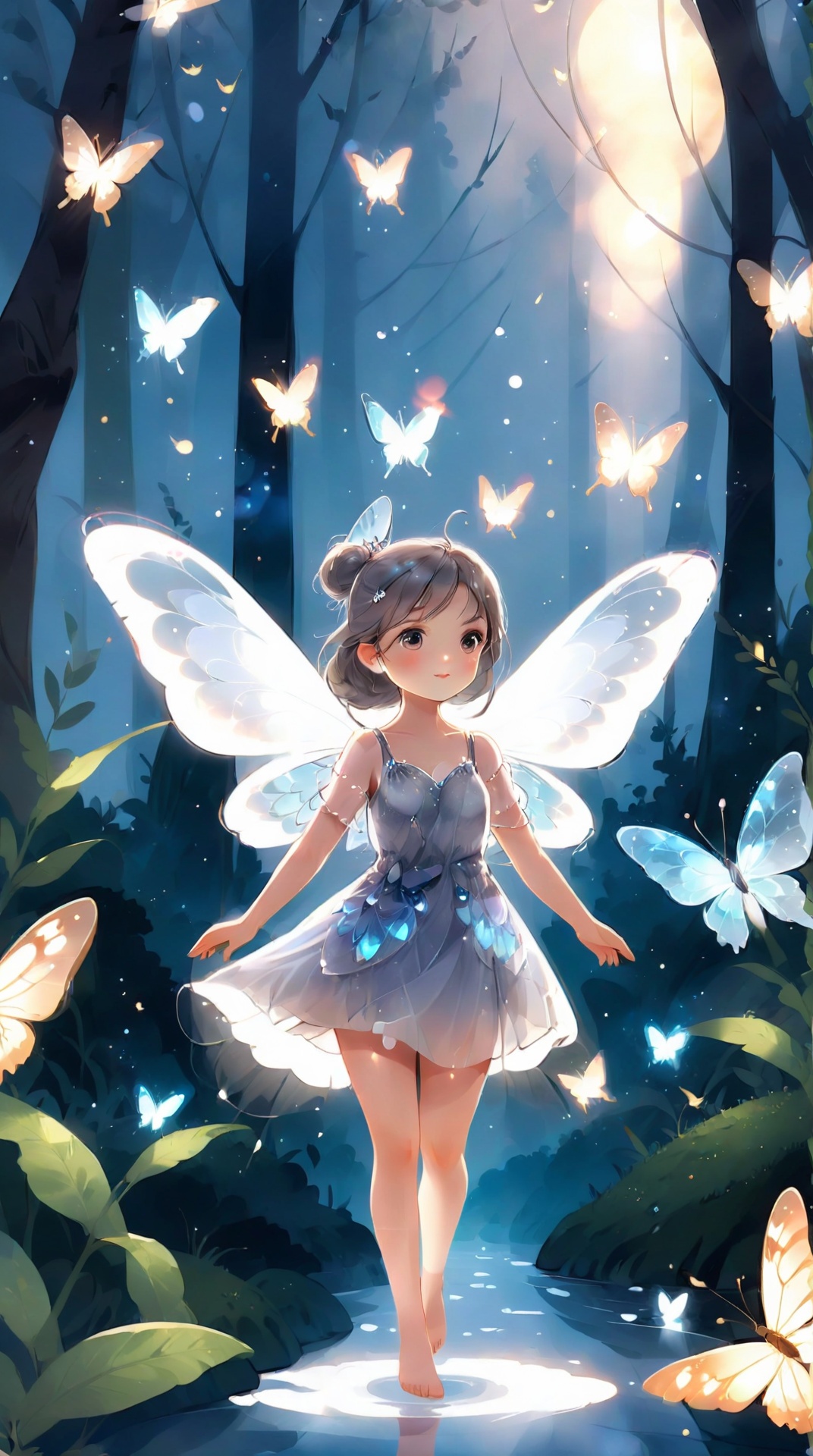 ,Flat illustration, unity 8k wallpaper,ultra detailed,aesthetic,masterpiece,best quality,entangle,1girl,light grey,hands on hips,Moonlit Crystal dress,Glowing butterfly wings,In the morning mist,Character clarity,Background blur,bokeh.