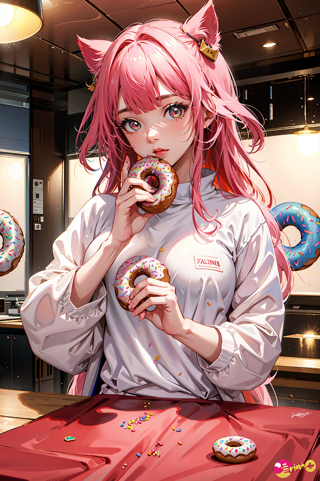 wide eyes,  tsurime,  girl eating a big on Tensor.Art