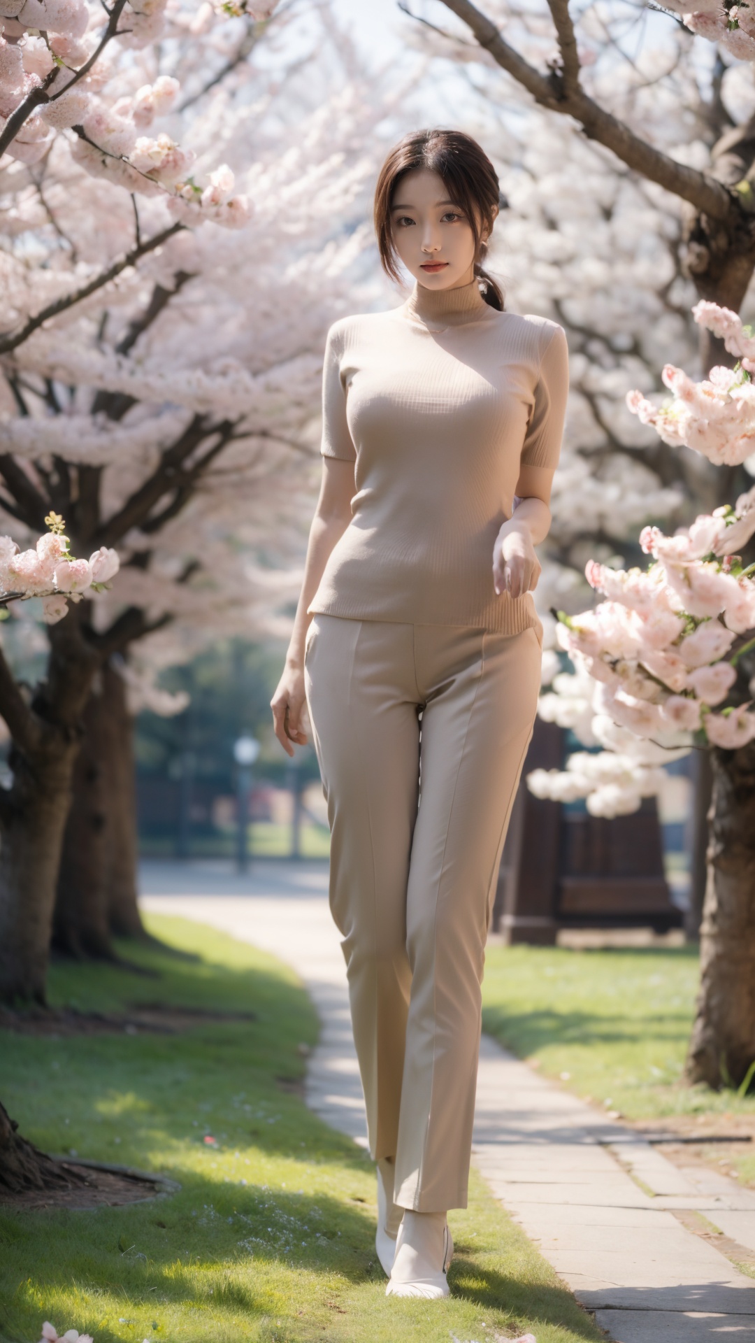 Realistic, masterpiece, best quality,8K,HDR,RAW,1girl,((solo)),(Spring scenery, parks, peach blossoms), (standing),large breasts, full body,<lora:add_detail:0.6>, <lora:GoodHands-vanilla:1>, <lora:ENNE 轻商务套装_V1:1> ,suit pants,shirt,