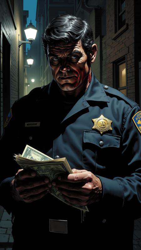A corrupt police officer in a dark alley,  his face partially obscured by shadows. He counts a wad of cash with a smirk on...