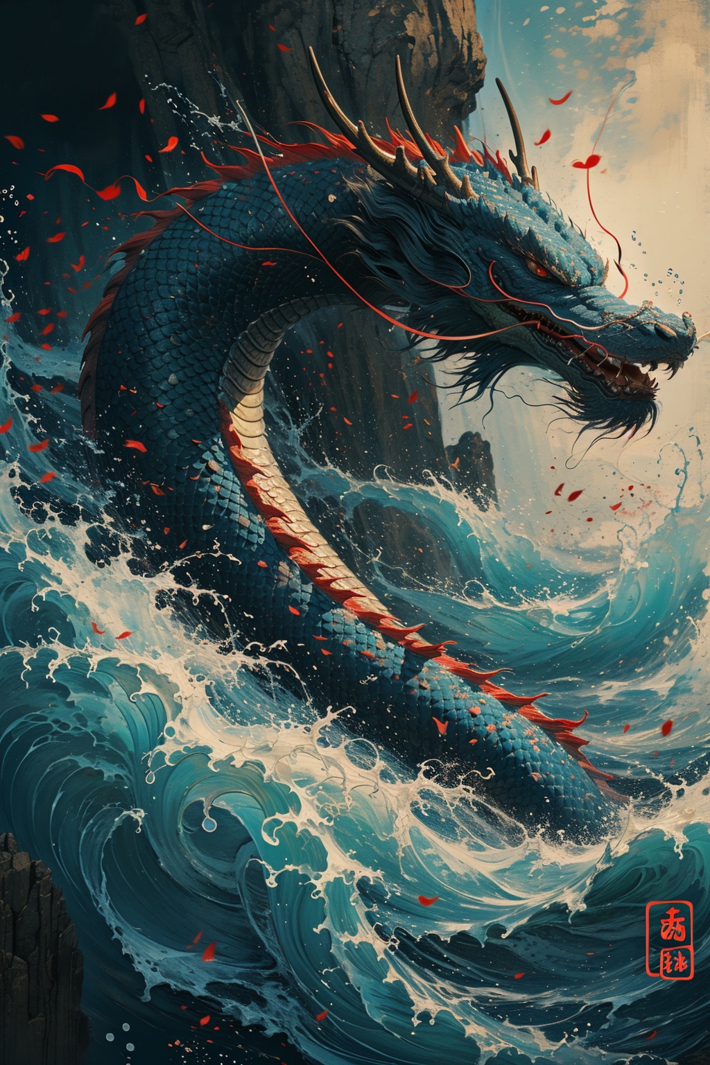 sdmai, guofenglong, dragon, eastern dragon, waves, no humans, scales, water, horns, red eyes <lora:国风龙sdmai,guofenglong:0.8>