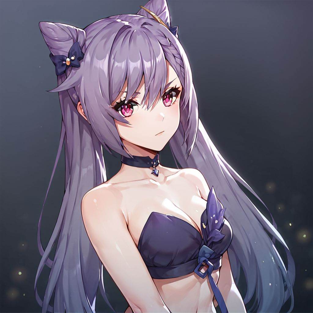 score_9, score_8_up, score_7_up, score_6_up, score_5_up, score_4_up, 1girl, solo, purple hair, looking at viewer, long hair, hair bun, purple eyes, bangs, twintails, hair between eyes,  keqing