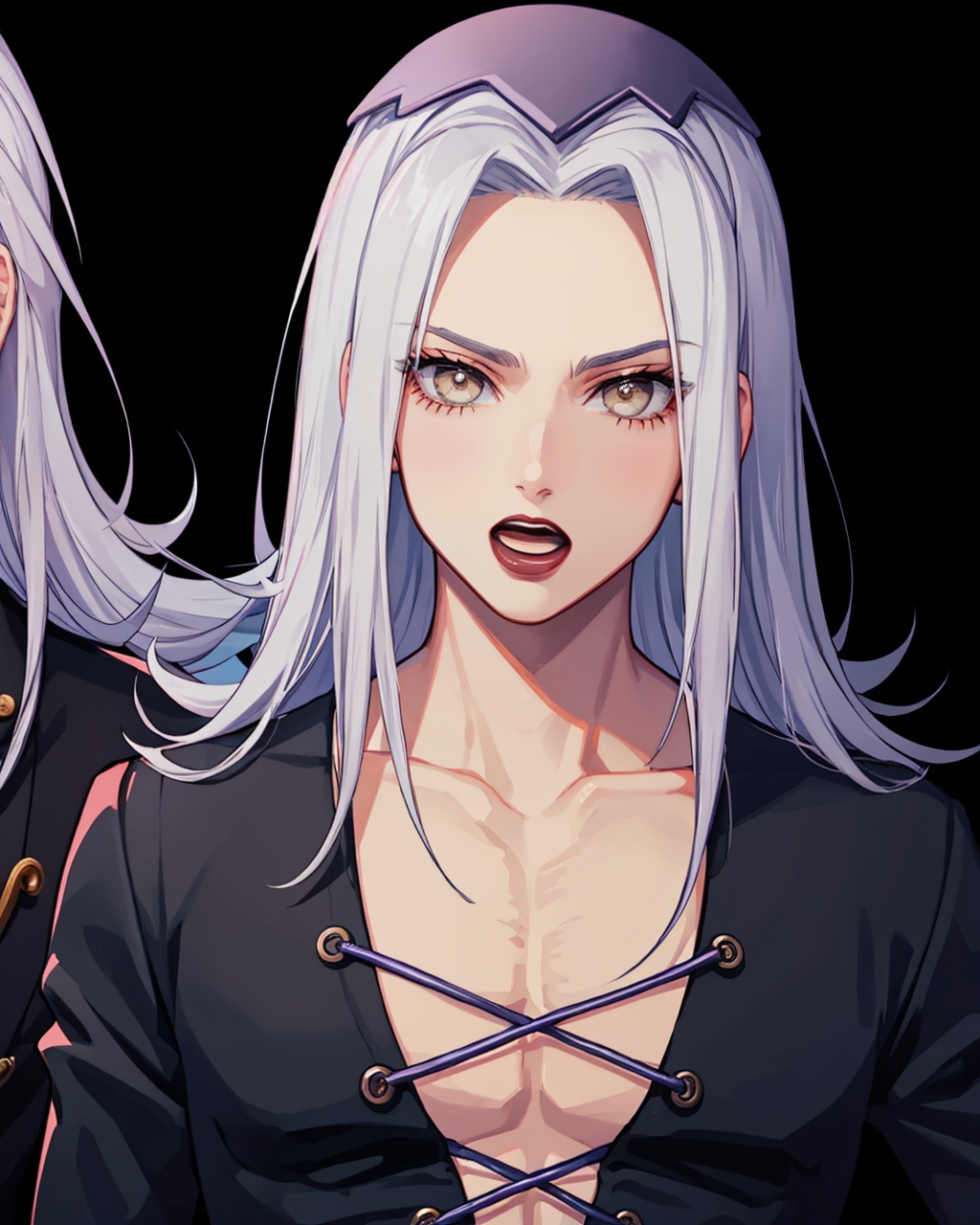 masterpiece,best quality, highly detailed, leone abbacchio, stand (jojo), male focus, headband, lipstick, 2boys, black lips, open mouth, looking at viewer,<lora:leone_abbacchio:1>