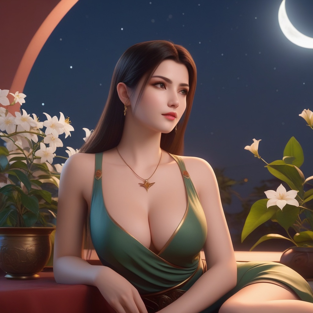 <lora:850-DA-XL-斗破苍穹-美杜莎-红色睡衣:0.8>, (,1girl, ,best quality, ),,  ,,ultra realistic 8k cg, ,masterpiece, (( , )),, realistic,science fiction,mole, ,     ,crescent moon, jasmine \(flower\),     (cleavage),(sit),   (),