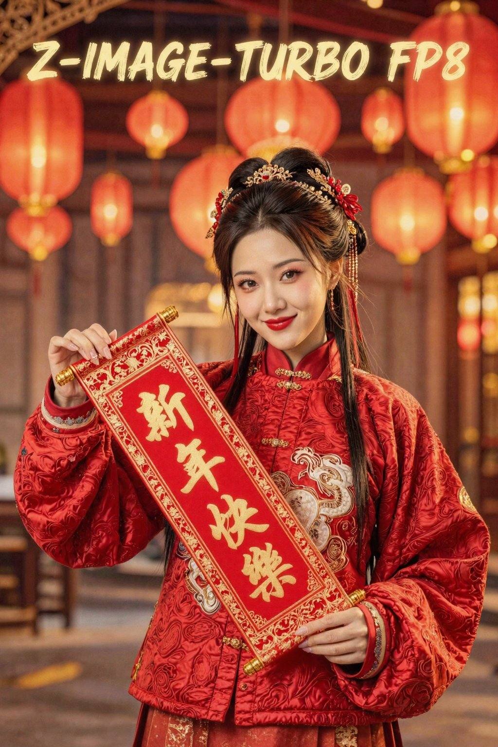 一位身着过年喜庆红色衣服的古装女子，服饰纹理精致细腻，她双手拉着一副写着新年快乐的金色字竖批。背景中悬挂着许多红色灯笼，营造出浓厚的节日氛围，灯光温暖，营造出一种温馨而欢乐的氛围，影视级别的效果，摄影风格，正面照，背景顶部有文本“Z-IMAGE-TURBO FP8”以金色半透明毛笔字体显示在顶部。