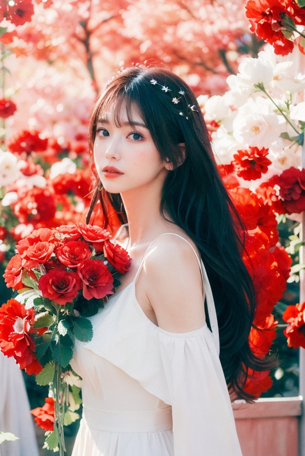 best quality,masterpiece,ultra high res,looking at viewer,huge breasts,1girl,long hair,flower,Lisianthus,in the style of red and light azure,dreamy and romantic compositions,red,ethereal foliage,playful arrangements,fantasy,high contrast,ink strokes,explosions,over exposure,purple and red tone impression,abstract,whole body capture,<lora:rixiqingxin_lora:1> <lora:hikalora:1>
