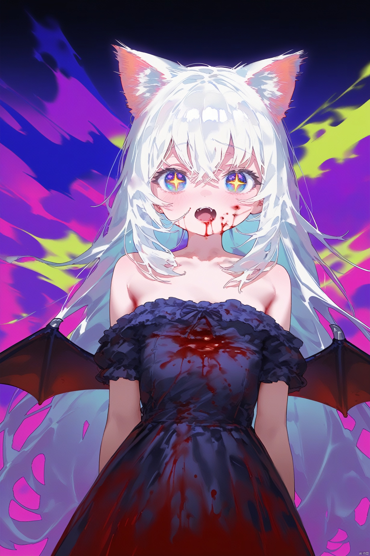 (masterpiece, best quality),((1 girl, (*****) long hair), (star shaped pupils, +_+, Symbol shaped pupils, Bright Eyes), (cat ears, open mouth)),(looking at the audience, faint smile, Off the shoulders),(Abstract, colorful background, Abstract background, Color difference),vampire,There is blood on the face,There are blood stains on the clothes,bat wings