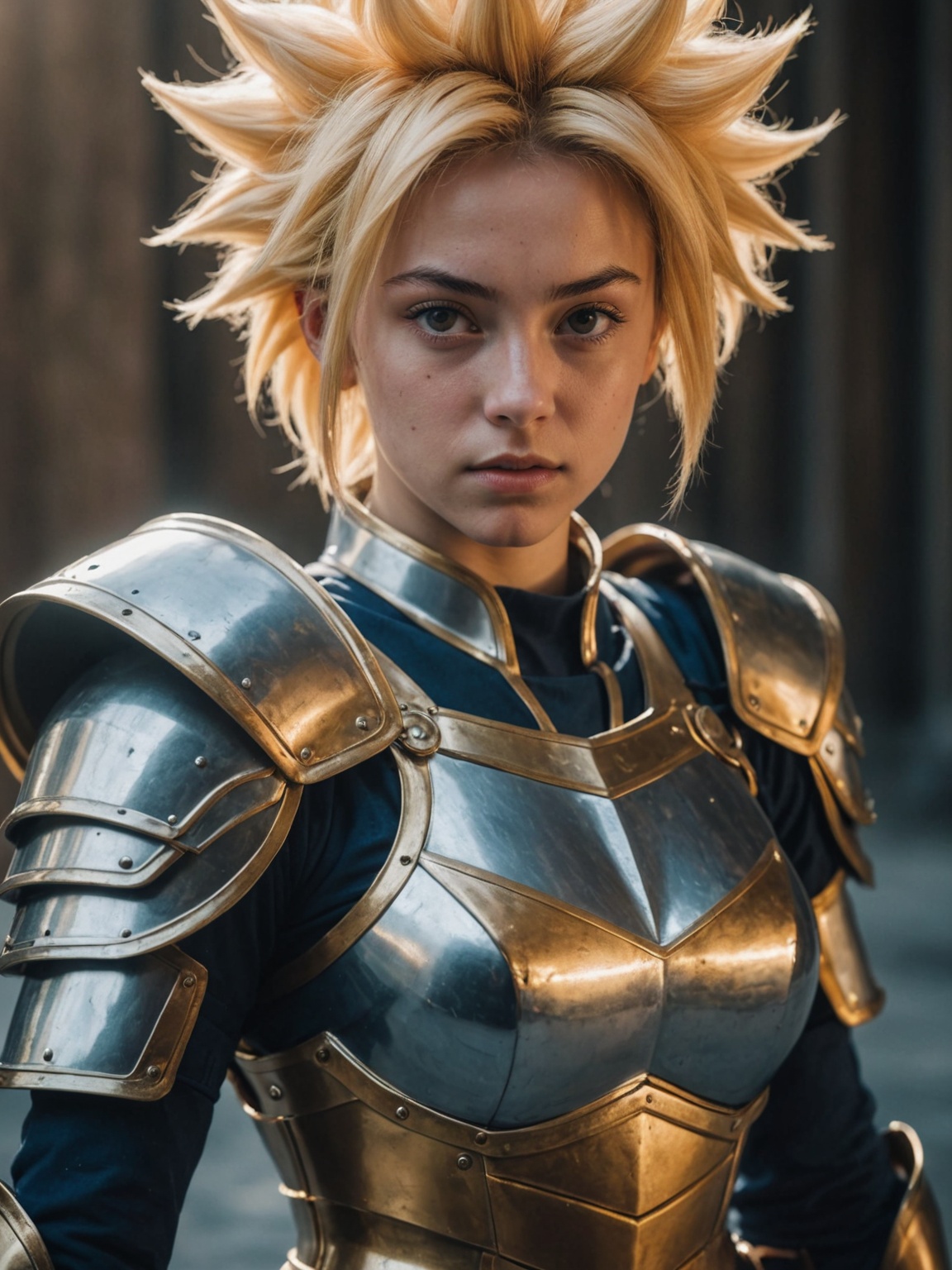 Photo of a girl,cinematic film still,super saiyan, full plate armor, ony fe 12-24mm f/2.8 gm, close up, 32k uhd, light navy and light amber, amazing quality, wallpaper, analog film grain