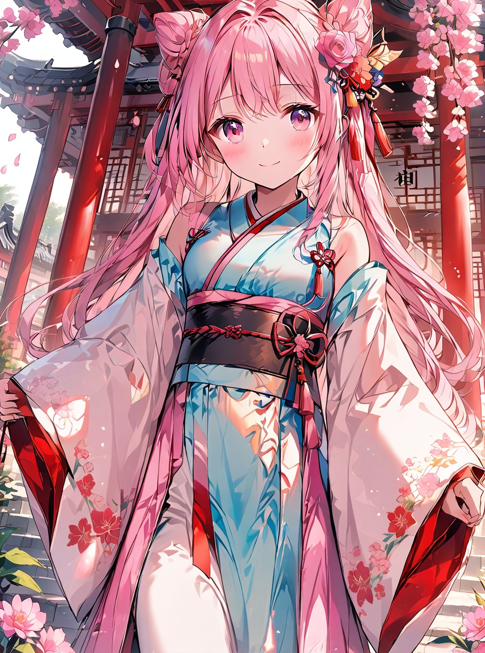 Hanfu,O,1girl, solo, pink hair, flower, long hair, hair bun, holding, smile, looking at viewer, hair ornament, pink flower, detached sleeves, outdoors, hair flower, japanese clothes, double bun, stairs, pink eyes, bare shoulders, bangs, holding flower, closed mouth, wide sleeves, sash, very long hair, long sleeves, blush, torii, bamboo, day, rose, sidelocks, cowboy shot, kimono, white kimono, tassel, standing, breasts, pink rose, nature, red flower