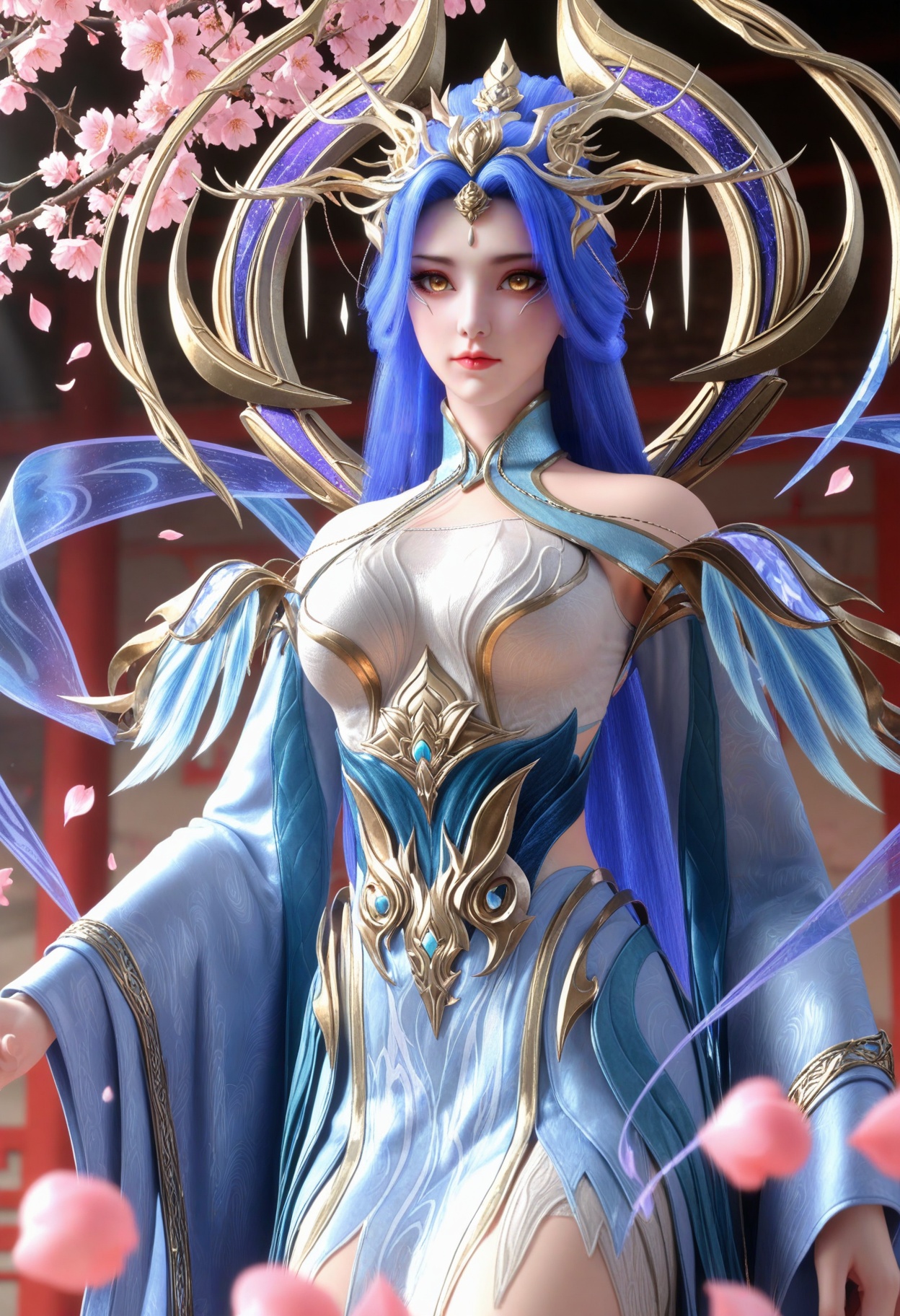 (looking at viewer:1.1),(moody lighting:1.1),peach blossom,falling petals,medium breasts,zetiannvdi,1girl,solo,long hair,blue hair,hair ornament,dress,closed mouth,long sleeves,bare shoulders,detached sleeves,yellow eyes,wide sleeves,makeup BREAK masterpiece,(best quality),(intricate details:0.9),(realistic skin:1.2),<lora:QQSillzetiannvdiV1:0.8>,