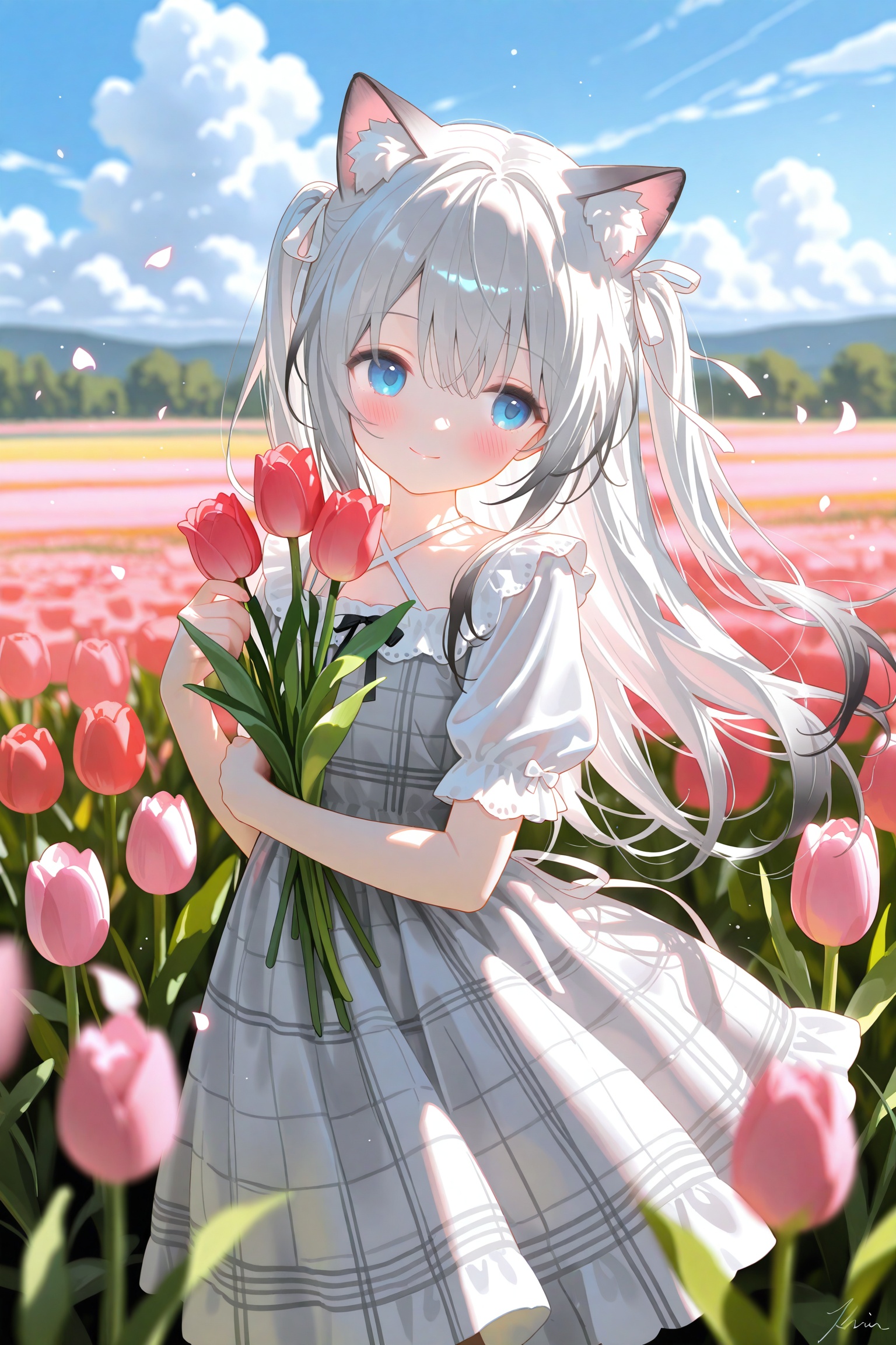 1girl, solo, animal ears, flower, short sleeves, puffy short sleeves, tulip, puffy sleeves, blue eyes, dress, outdoors, smile, plaid dress, holding flower, long hair, blush, sky, red flower, day, hair between eyes, grey hair, holding, plaid, closed mouth, petals, very long hair, cloud, blue sky, bow, depth of field, hand up, hair bow, blurry, grey dress, cat ears, two side up, hair ribbon, pink flower, white bow, field, ribbon, white ribbon, cloudy sky, flower field, blurry foreground, multicolored hair, looking at viewer, criss-cross halter, signature, halterneck, frills, blurry background, white dress, two-tone hair, standing, rose, animal ear fluff, white hair, collarbone, hugging object, cat girl, hands up, head tilt, heart, looking to the side, red rose