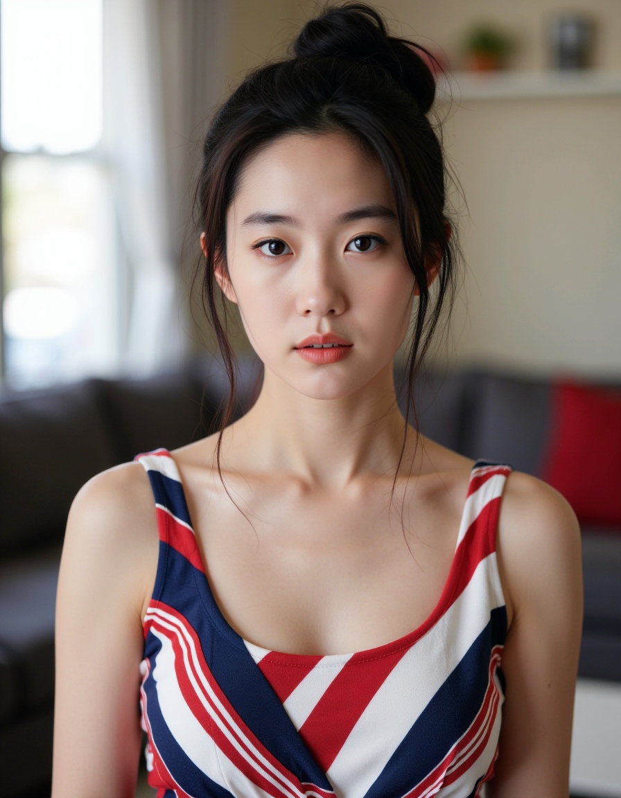 The image is a portrait of a young woman with dark hair styled in a messy bun. She is wearing a colorful dress with a red, white, and blue pattern. The dress is sleeveless and has a scoop neckline. The woman is looking directly at the camera with a serious expression on her face. The background is blurred, but it appears to be a room with a window and a couch. The lighting is soft and natural, highlighting the woman's features.