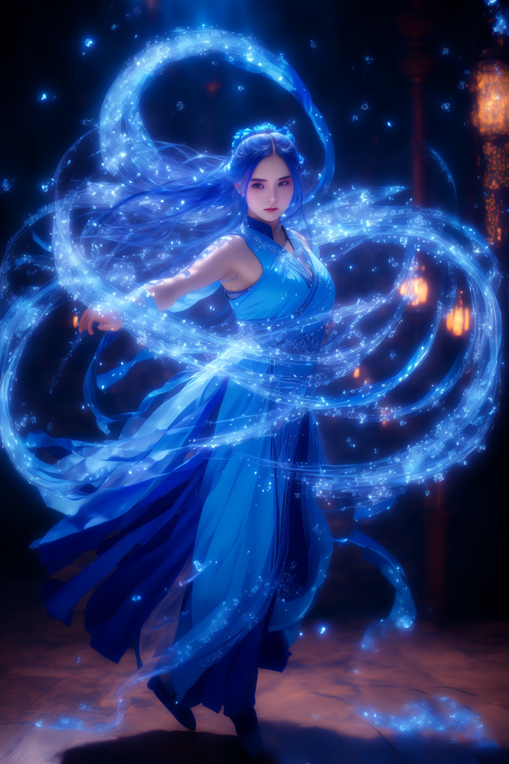 blue-aura,using blue-magic,blue-magic,ancient-costume,dancing,fighting stance,1girl,solo,<lora:magic_fighting_blue_with_reg_4_512_15:0.8>,