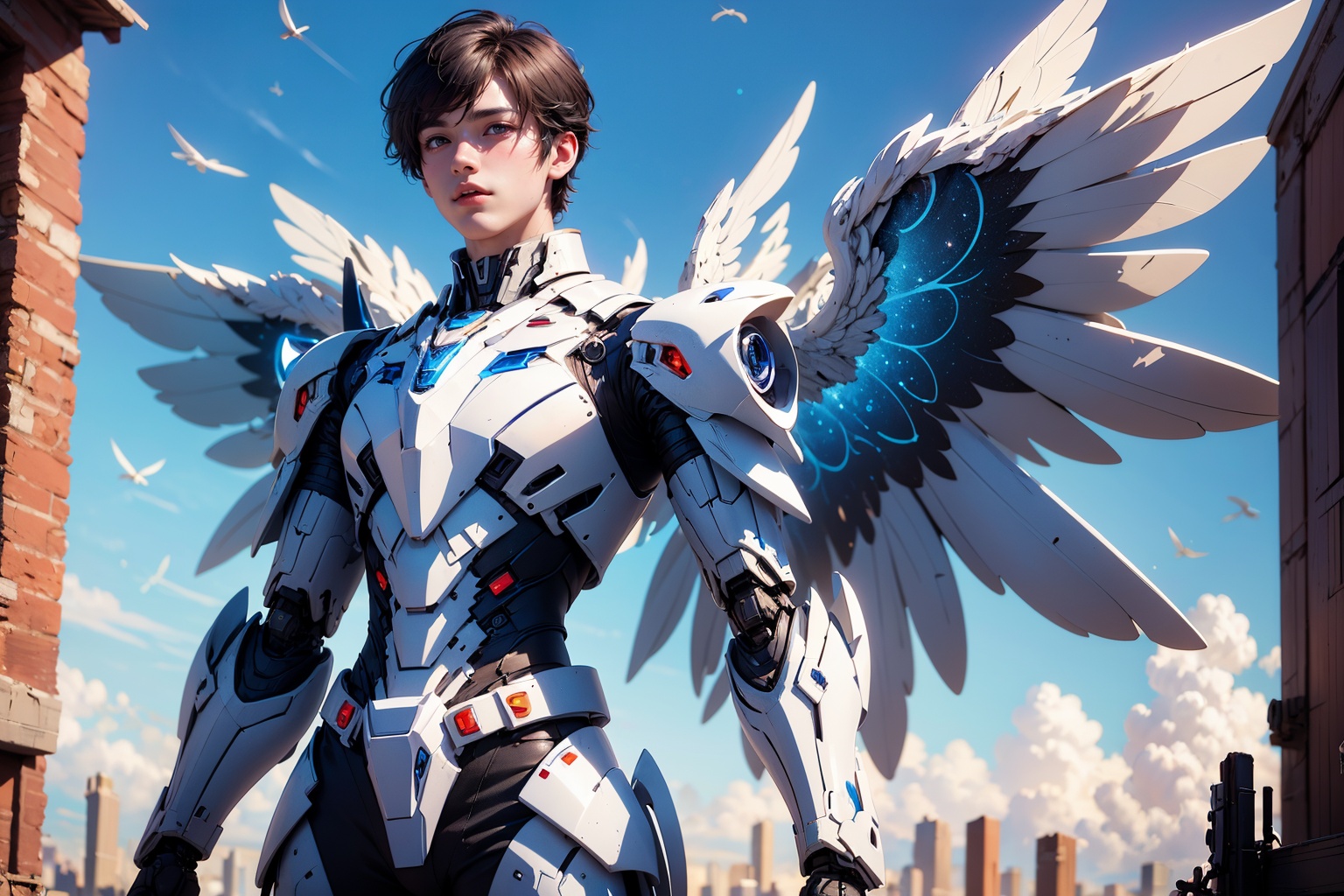 1boy,concept artwork,black hair,(a lonely solo boy:1.4),sky,wing,wings with fans,graphics card fan,strong male mecha warrior,mighty and domineering,cool mecha,32k,blue and white color scheme,white armor,white_background,standing,cowboy_shot,<lora:ASuo_v1:1>,