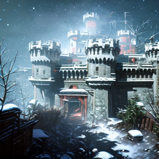 a castle in the middle of a snowy forest with trees and bushes on the ground and a lot of snow on the ground,  bare_tree,...