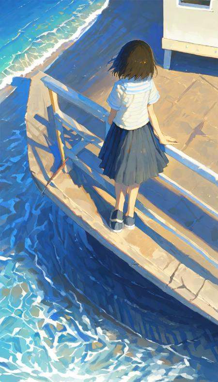 painting of a woman standing on a ledge overlooking the ocean,  by makoto shinkai,  masterpiece on Tensor.Art