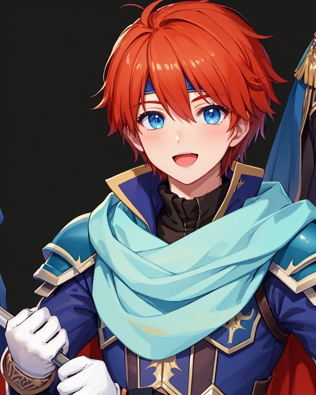 masterpiece,best quality, highly detailed, eliwood (fire emblem),1boy, male focus, solo, smile, cape, blush, open mouth, headband, simple background, armor, white gloves,<lora:eliwood_(fire_emblem):1>