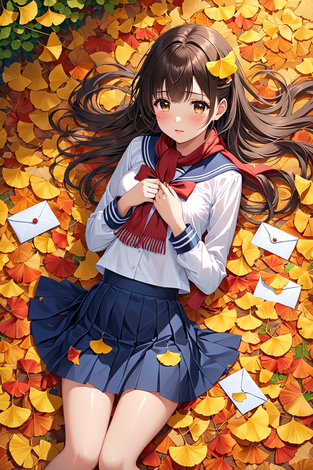 masterpiece,best quality,loli,1girl, solo, school uniform, skirt, scarf, lying, serafuku, on back, long sleeves, autumn, blue skirt, looking at viewer, sailor collar, bow, brown eyes, long hair, tears, autumn leaves, bangs, blue sailor collar, shirt, parted lips, pleated skirt, white shirt, envelope, ahoge, blurry, red scarf, black hair, crying, leaf, letter, crying with eyes open, yellow bow, outdoors, brown hair, bowtie, ginkgo leaf, from above, tearing up, blush