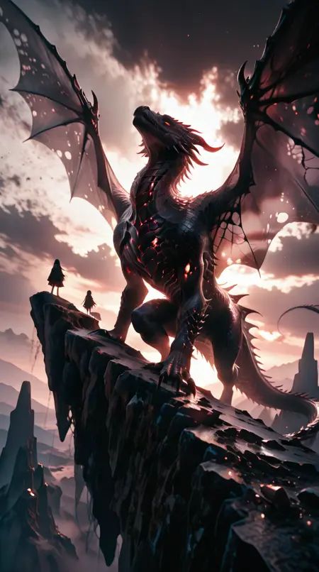 Acrylic, Translucent style, Masterpiece, absurdres, A dark ominous dragon looms over a lone figure on a cliff with a dramatic moody atmosphere and a low-angle perspective.
