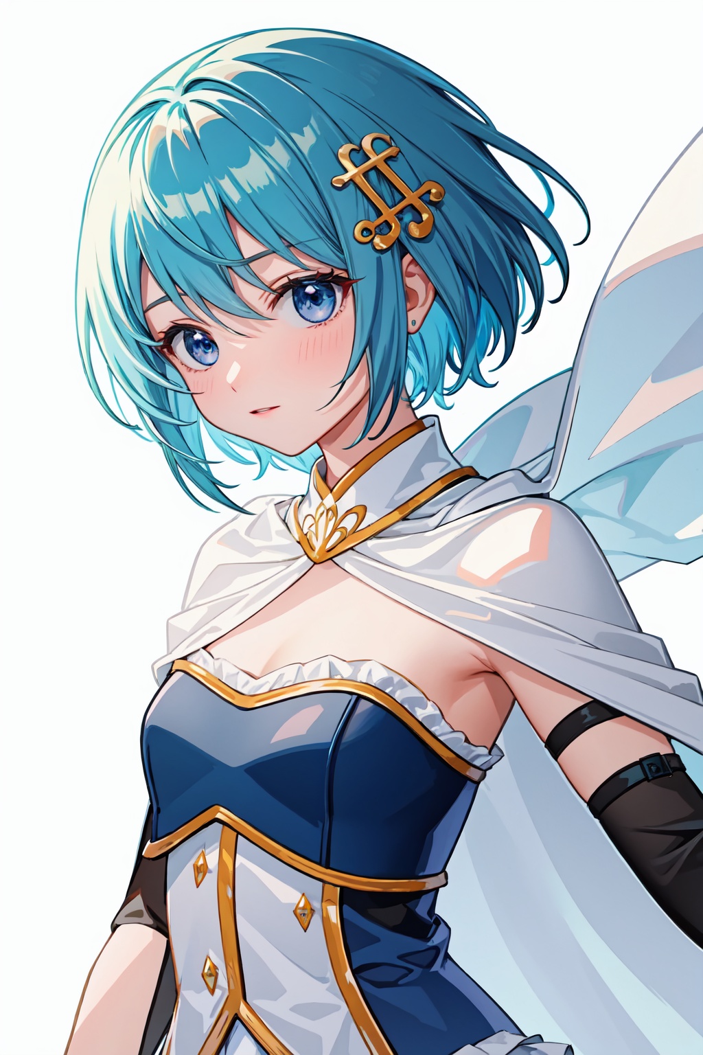masterpiece,best quality, highly detailed, miki_sayaka,1girl,solo,magical_girl,white_cape,white_gloves,looking_at_viewer,musical_note_hair_ornament,fortissimo,hairclip<lora:miki_sayaka:1>,simple background,white background