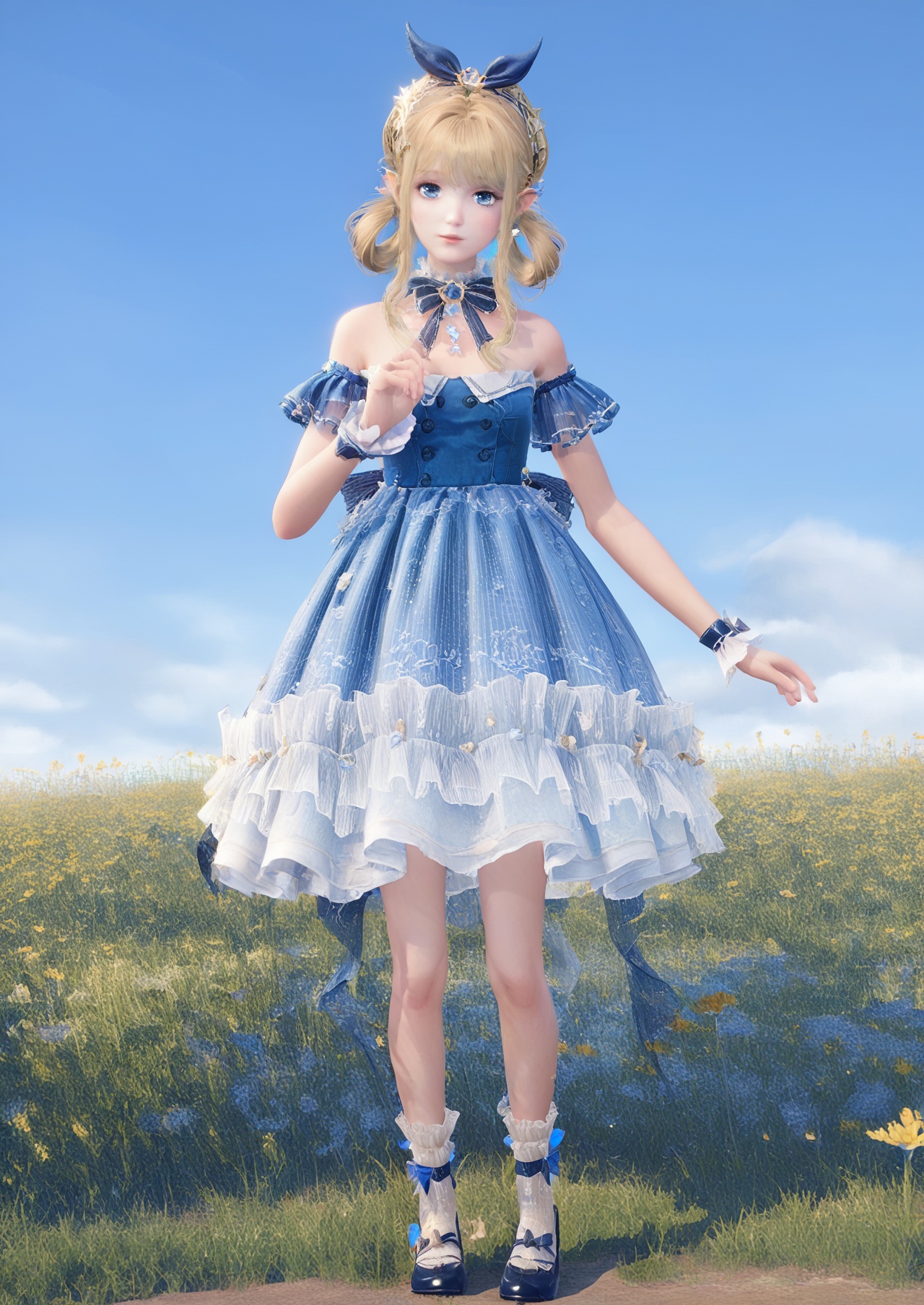 score_10,score_9,score_8_up,score_7_up,1girl,<lora:NikkiQYPP_PonyV1-000005:0.5>,NikkiQYPP,solo,dress,bow,ribbon,standing,frills,shoes,socks,blonde hair,blue eyes,hair ornament,bare shoulders,blue dress,wrist cuffs,blue bow,white socks,hair rings,pointy ears,in summer,day,nature,flower field,outdoors,sky,Cirrocumulus,looking at viewer,