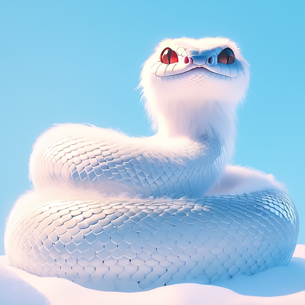 sishe,snake,cute,cc-color-correction,mf-movie-filter,warm colors,whimsy and dramatic lighting,white fur,soft lighting,fluffy,scales,white snake,snake focus,blue theme,blue background,no humans,close-up,simple background,day,looking at viewer,outdoors,oversized animal,snow,sky,<lora:sishe_xl:0.8>,