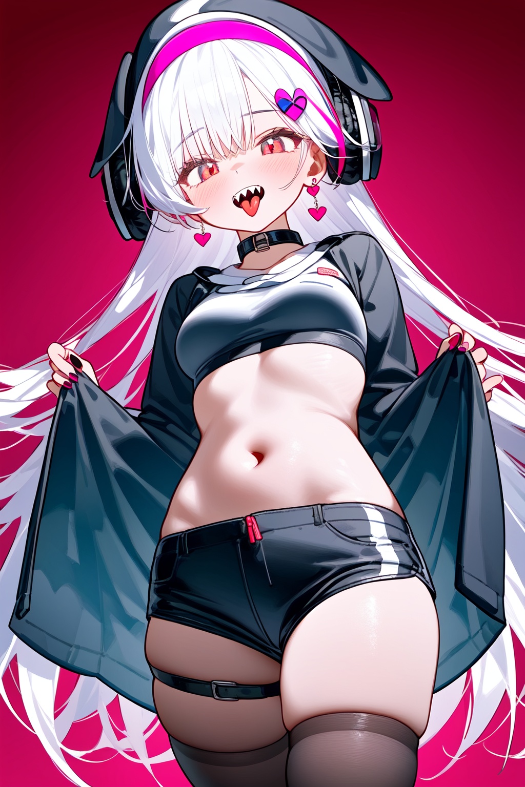 1girl,solo,long hair,looking at viewer,open mouth,bangs,hair ornament,long sleeves,jewelry,pink hair,white hair,heart,multicolored hair,earrings,teeth,choker,tongue,tongue out,collar,streaked hair,fangs,sharp teeth,multicolored eyes,creature,colorful,colored tongue,red tongue,breasts,looking at viewer,blush,long sleeves,navel,pantyhose,thighs,cowboy shot,small breasts,shorts,midriff,nail polish,dark-skinned female,crop top,fingernails,skindentation,thigh strap,headphones,black shorts,single thighhigh,pink nails,contrapposto,nun,habit,headphones around neck,