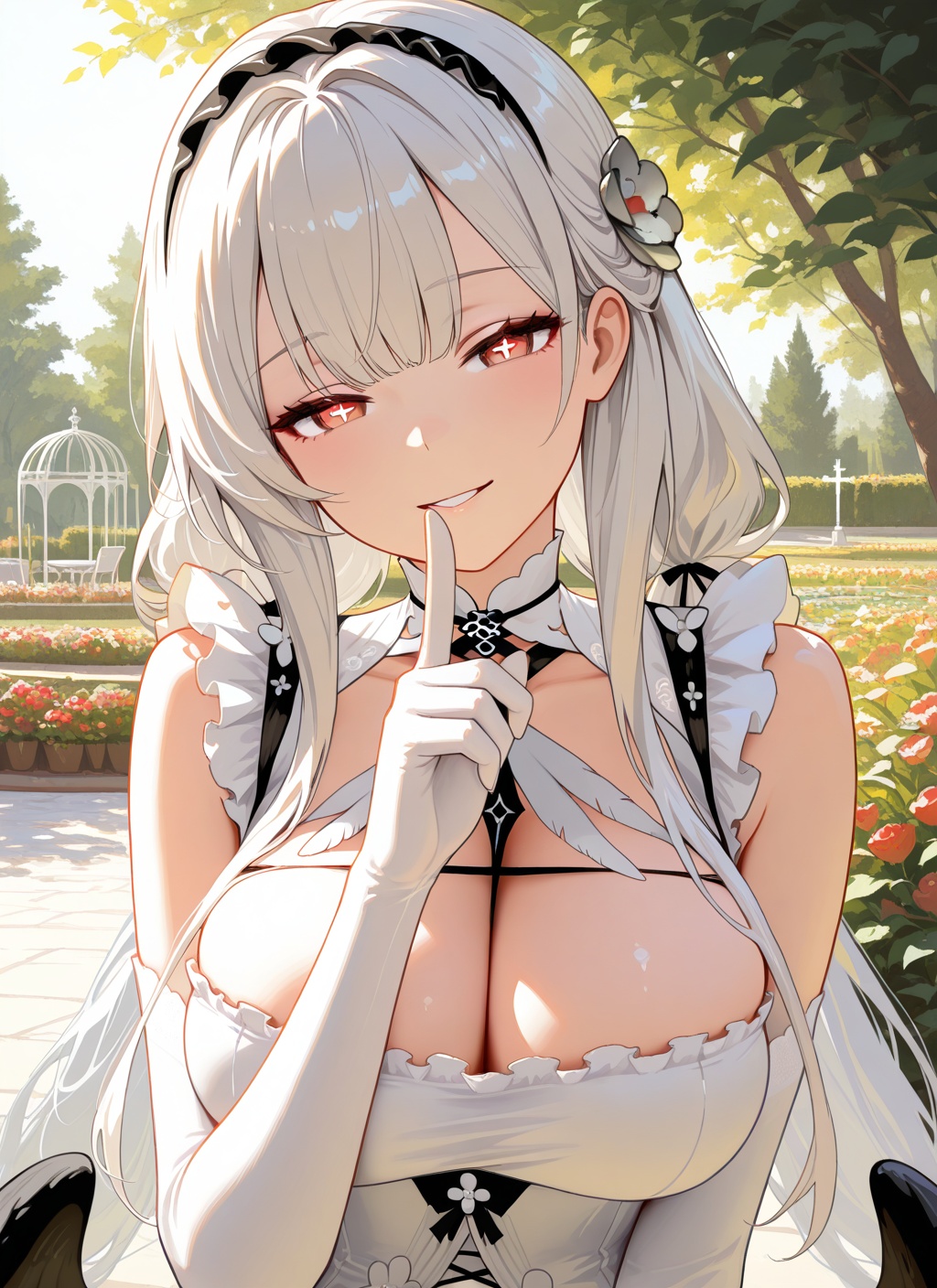 <lora:scylla_IL_v1.0:1>,scylla \(azur lane\),low twintails,frilled dress,hair ornament,elbow gloves,painterly,impasto,starlab,cross-shaped pupils,smile,parted lips,half-closed eyes,head tilt,finger to mouth,(shushing:0.7),low wings,upper body,sidelighting,garden, masterpiece,best quality,
