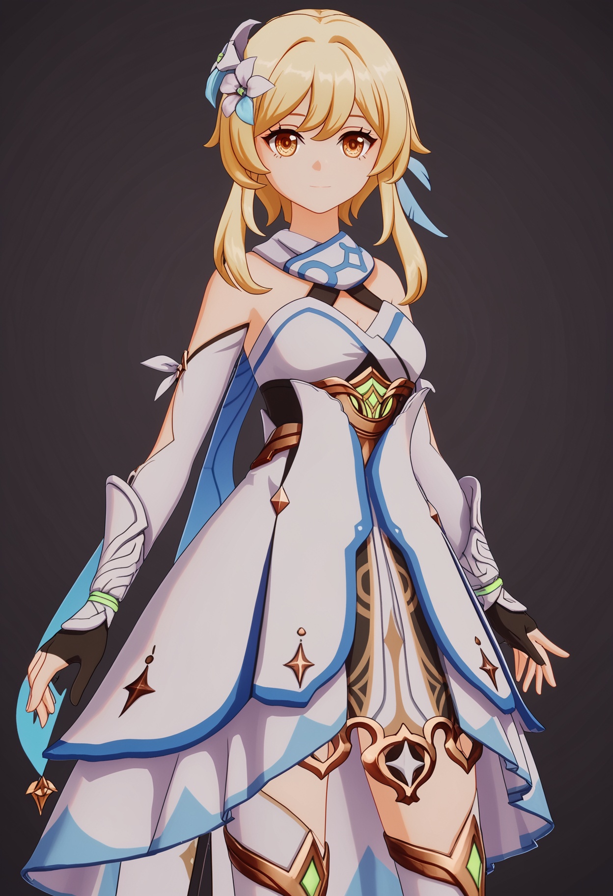 (cowboy shot:1.2),score_9,score_8_up,masterpiece,(best quality),intricate details,facing viewer,(looking at viewer:1.1),<lora:YQ_pony_ying_V4:0.8>,q1528437228,1girl,solo,lumine (genshin impact),blonde hair,hair ornament,dress,hair flower,white dress,short hair with long locks,detached sleeves,yellow eyes,scarf,sidelocks,feather hair ornament,gloves,white thighhighs,boots,BREAKscore_9,score_8_up,masterpiece,(best quality),perfect anatomy,(hourglass),perfect face,(simple background,pure black background,black background:1.1),fair_skin,shiny_skin,Ivory_skin,