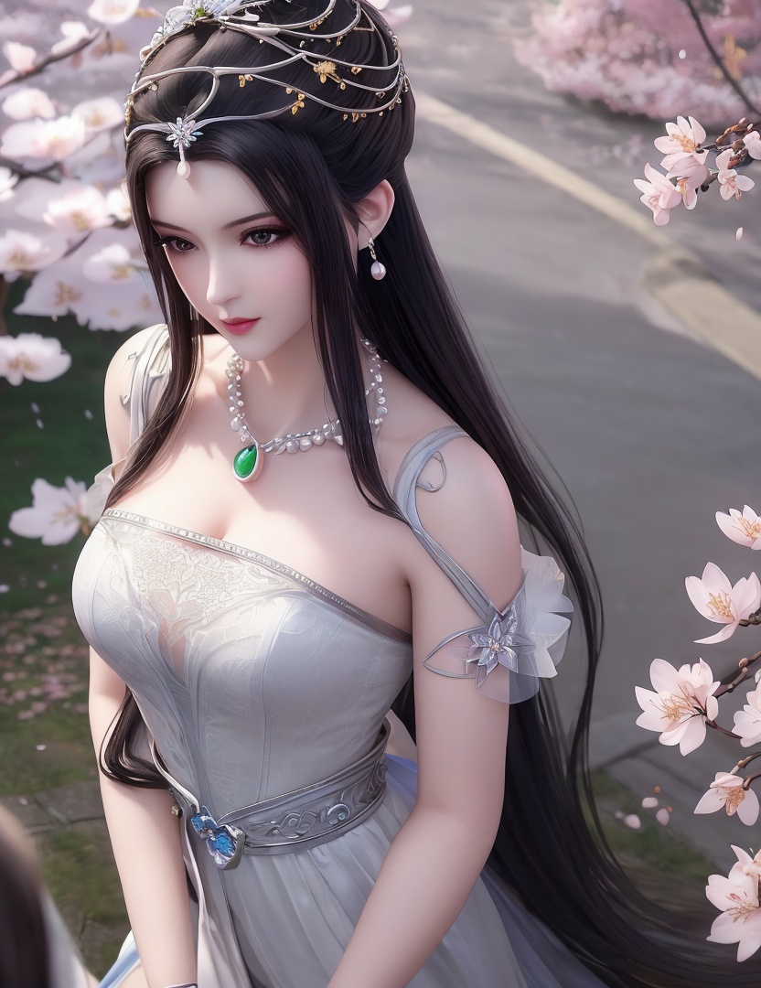 ultra realistic 8k cg, picture-perfect face, flawless, clean, masterpiece, professional artwork, famous artwork, cinematic lighting, cinematic bloom, perfect face, beautiful face, fantasy, dreamlike, unreal, science fiction,   lace, lace trim, lace-trimmed legwear,  (rich:1.4), prestige, luxury, jewelry, diamond, gold, pearl, gem, sapphire, ruby, emerald, intricate detail, delicate pattern, charming, alluring, seductive, erotic, enchanting, hair ornament, necklace, earrings, bracelet, armlet,halo((,1girl, pov,))  , ((((1girl, solo, ,cherry blossoms,outdoors, ))))<lora:DA_LinQingZhu:0.7>