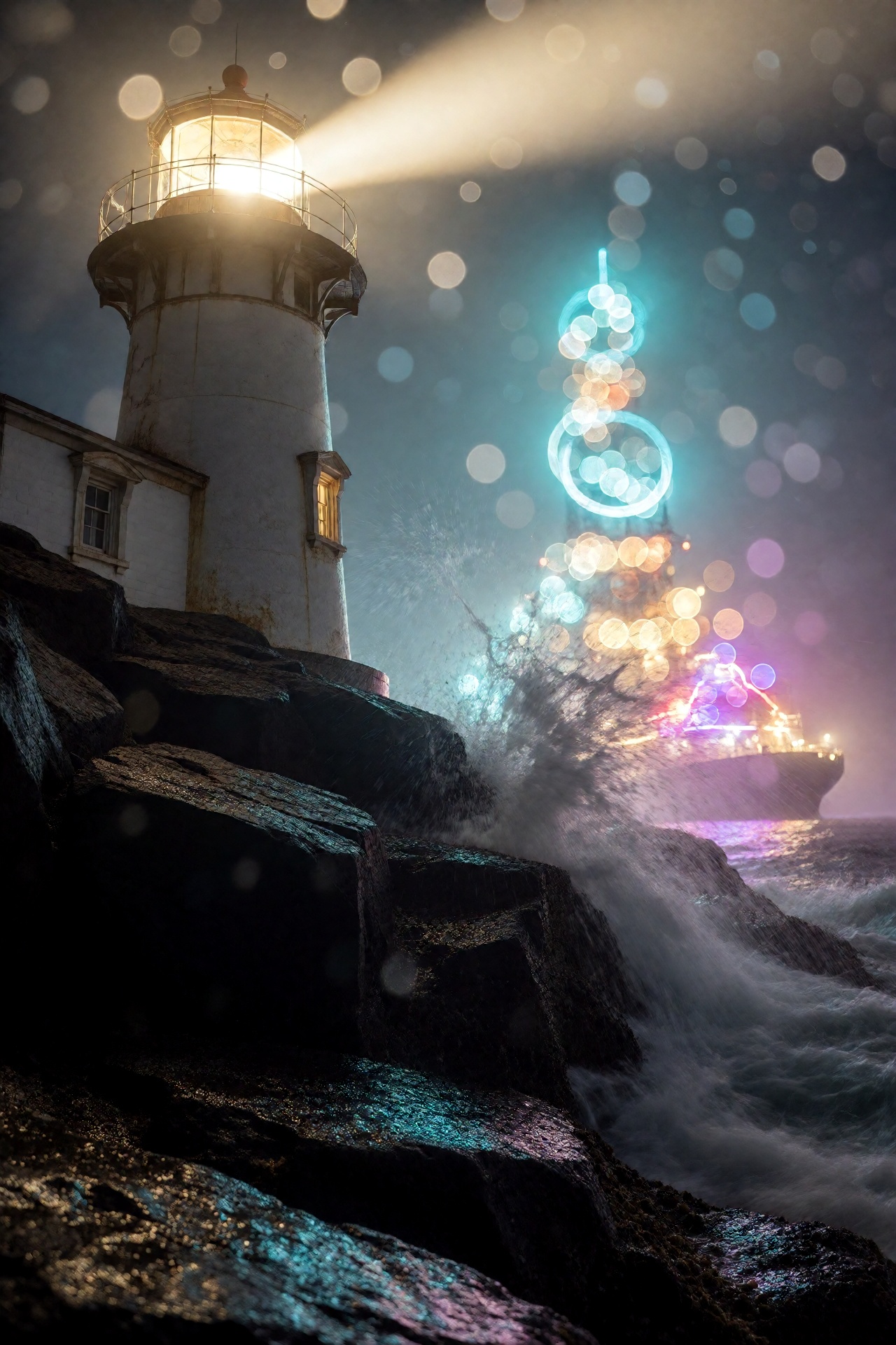 A white lighthouse on a rocky cliff at night,  low three-quarter view from the seaward rocks,  the tower cropped by the to...