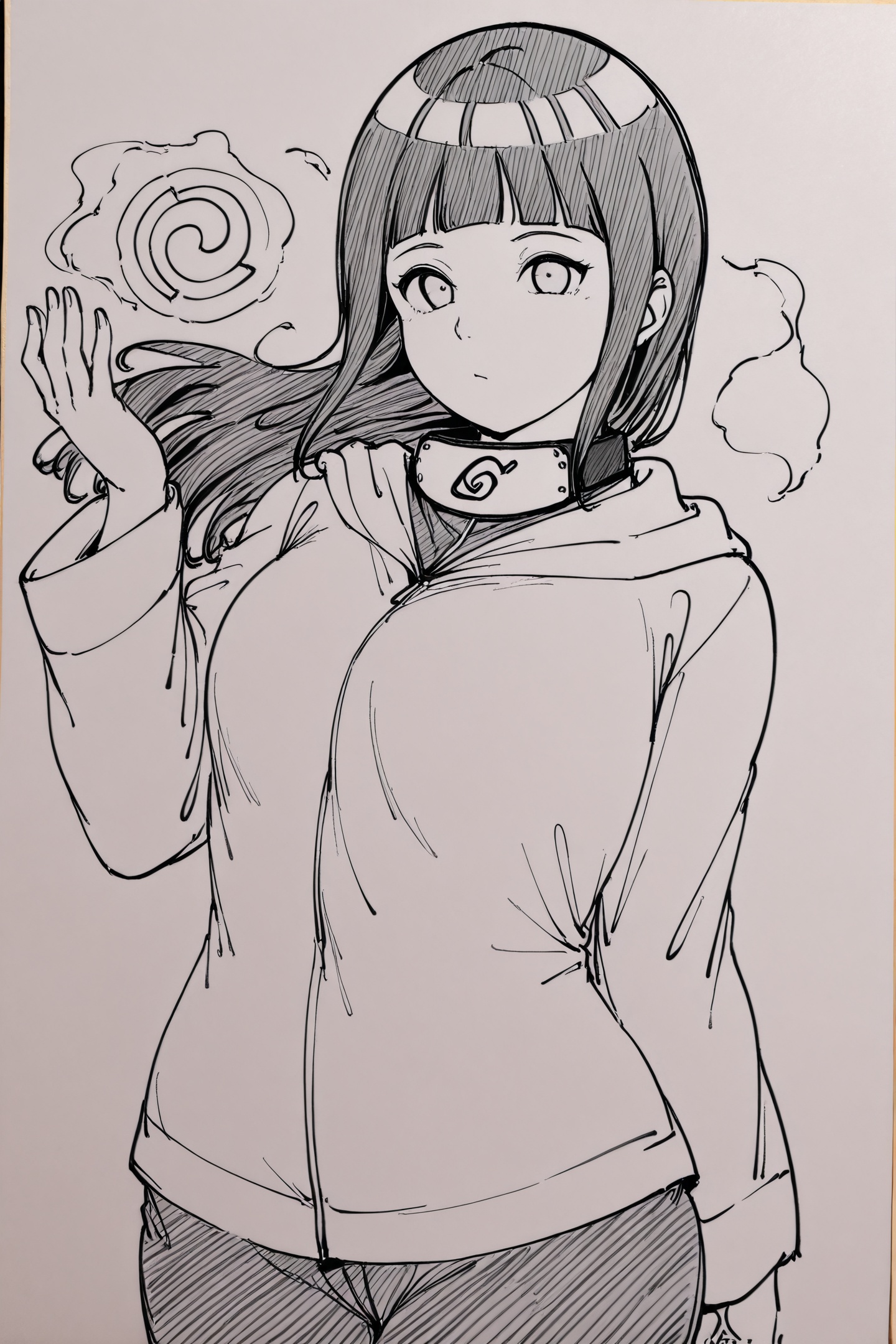 alp Style,1girl,monochrome,greyscale,hyuuga hinata,solo,long hair,looking at viewer,forehead protector,konohagakure symbol,sketch,long sleeves,blunt bangs,magic,closed mouth,hand up,traditional media,hatching,<lora:alp_illustriousXL:1.2>,