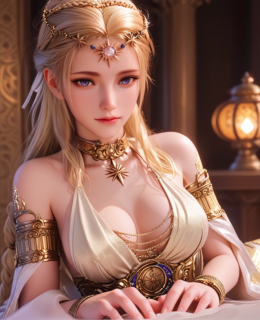 (oriental architecture, elegant decor, sophisticated style:1.1),(Lying supine, one knee bent, with a hand gently touching her collarbone, she exudes an inviting sensuality:1.1),disgust face expression,(large breasts:1.2),<lora:XL16永劫无间席拉:0.95>,miss xila,light yellow high-low dress,blue eyes,circlet,blonde hair,braid,long hair,sash,jewelry,armlet,golden tattoo of holy seal,, score_9,score_8_up,score_7_up,score_6_up,score_5_up,score_4_up,3d rendering,tag1,tag2, Cinematic Lighting,backlighting,