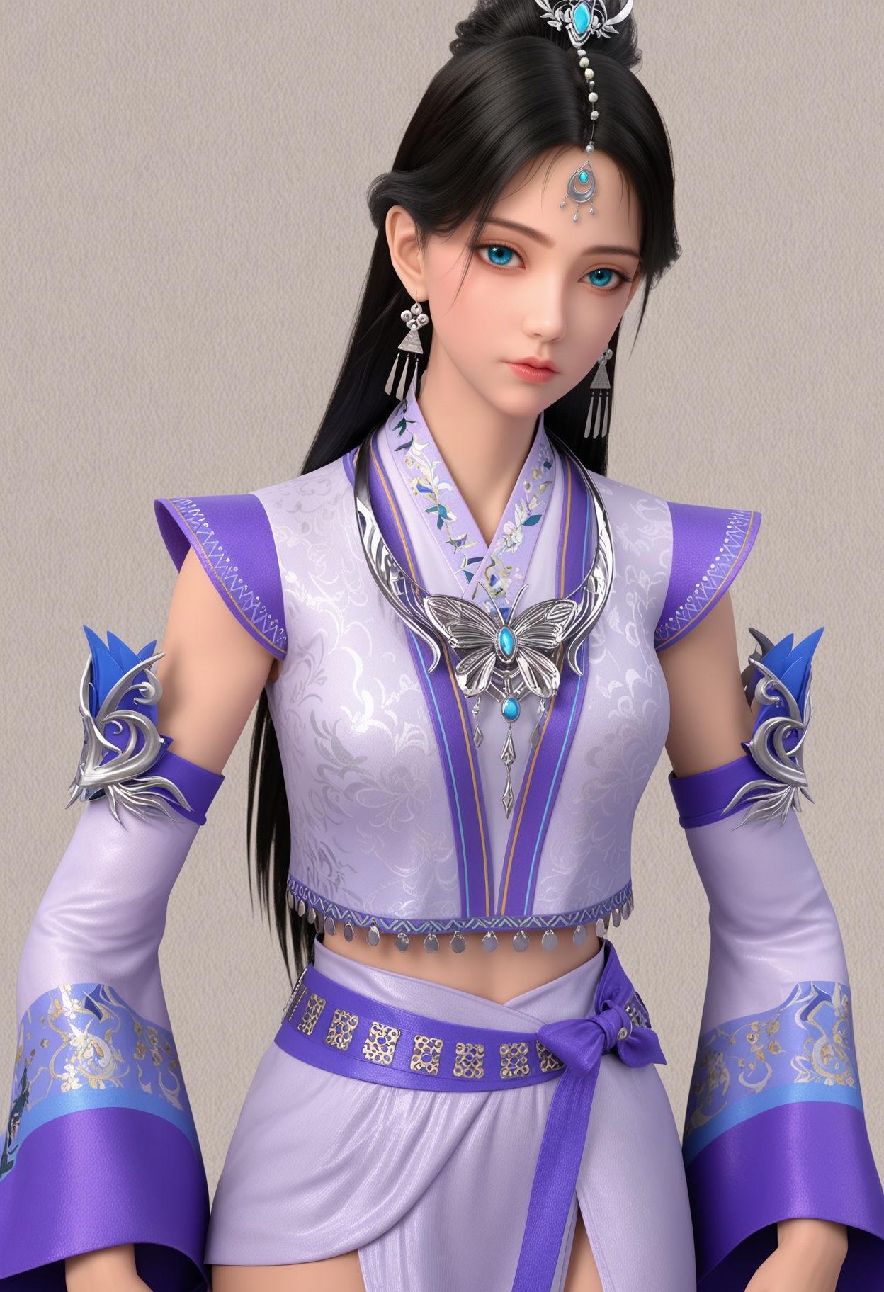 score_9,high detail,best quality,shiny skin,shiny,liuruyan,1girl,solo,blue eyes,long hair,black hair,jewelry,earrings,realistic,hair ornament,white background,closed mouth,dress,forehead jewel,detached sleeves,necklace,hair bun,lips,expressionless,simple background,looking at viewer,cowboy shot,thighs,<lora:QQSponyliuruyanV1:0.8>,<lora:Pony_DetailV2.0:0.8>,<lora:皮肤凹痕:0.1>,