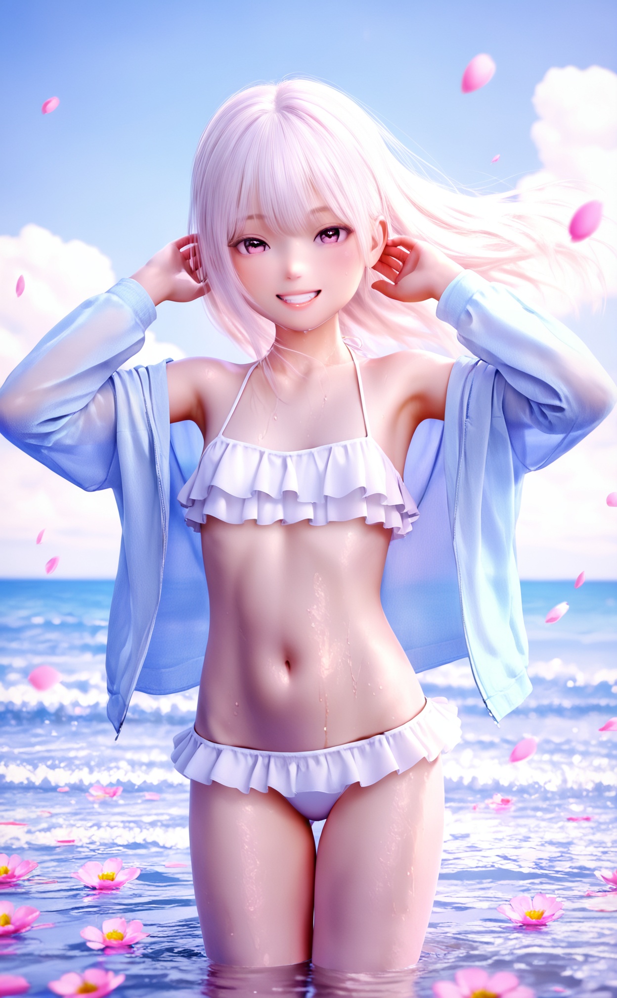 masterpiece,very aware,highres,absurdres,newest,best quality,high quality,loli,petite,chromatic_aberration,//,1girl,solo,white_hair,swimsuit,navel,long_hair,bikini,smile,white_bikini,sky,looking_at_viewer,outdoors,wading,water,day,open_clothes,flower,blue_sky,petals,cloud,ocean,frilled_bikini,thigh_gap,frills,long_sleeves,pink_eyes,stomach,shirt,pink_flower,grin,falling_petals,standing,purple_eyes,horizon,collarbone,jacket,wet,breasts,open_shirt,arms_up,armpits,bare_shoulders,thighs,floating_hair,open_jacket,off_shoulder,petals_on_liquid,small_breasts,//,year_2023,year_2024,//,