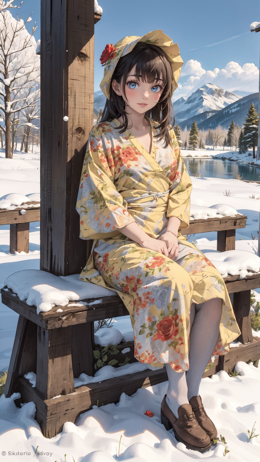 tutututu,dress,yellow flower dress,long sleeves,obi,<lora:yellow_dress_V2-000006:0.65>,masterpiece,best quality,winter,snow field,1girl,bangs,blue eyes,blunt bangs,bonnet,brown footwear,brown hair,fruit,full body,long hair,looking at viewer,pantyhose,red flower,red rose,rose,shoes,sitting,solo,sky,sun,mountain,forest,lake,