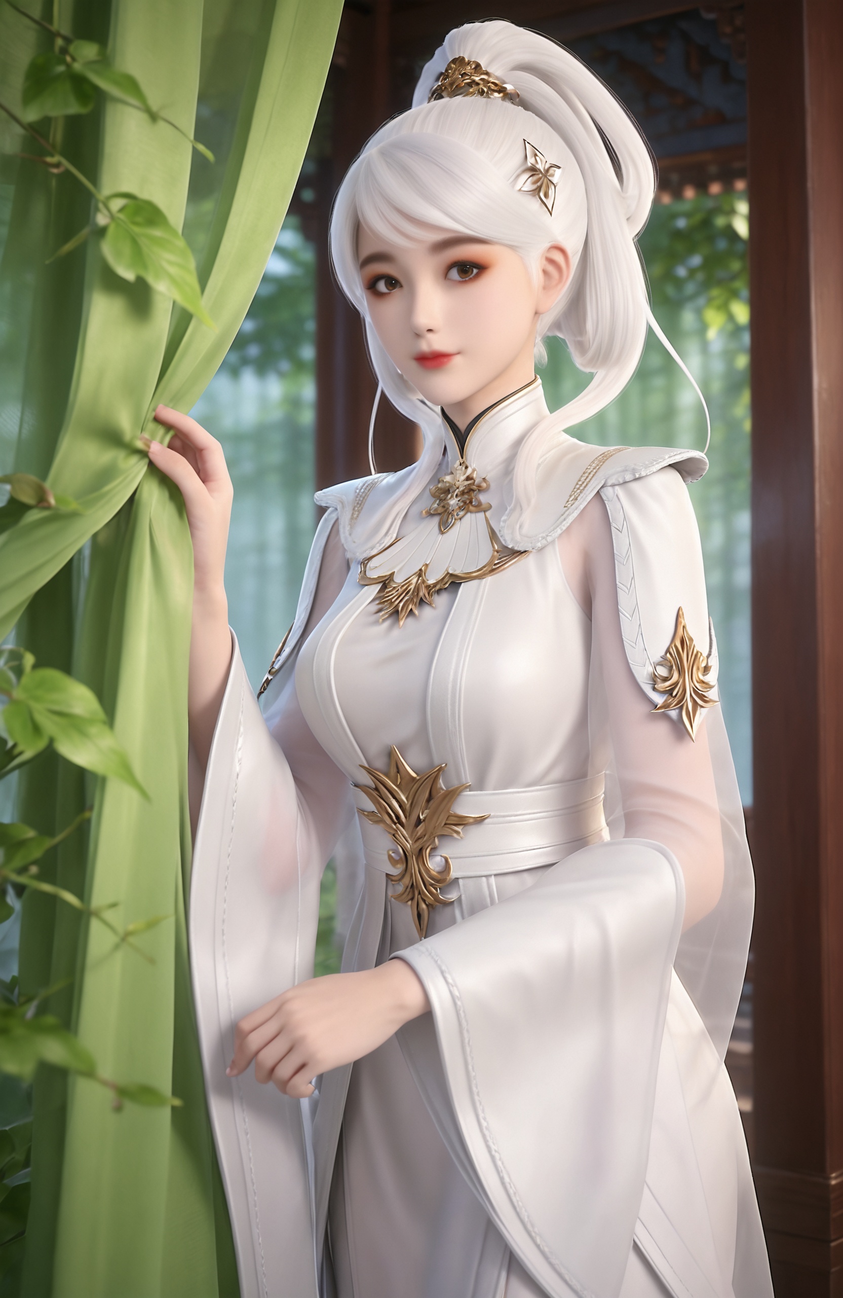 <lora:妖神记-明月无双Pony:0.7> 1girl, white hair, hair ornament, long hair,brown eyes, , ponytail, white dress, long sleeves, see-through, wide sleeves, makeup, barefoot1girl, solo,  closed mouth, jewelry, upper body,  leaf,  curtains,  realistic